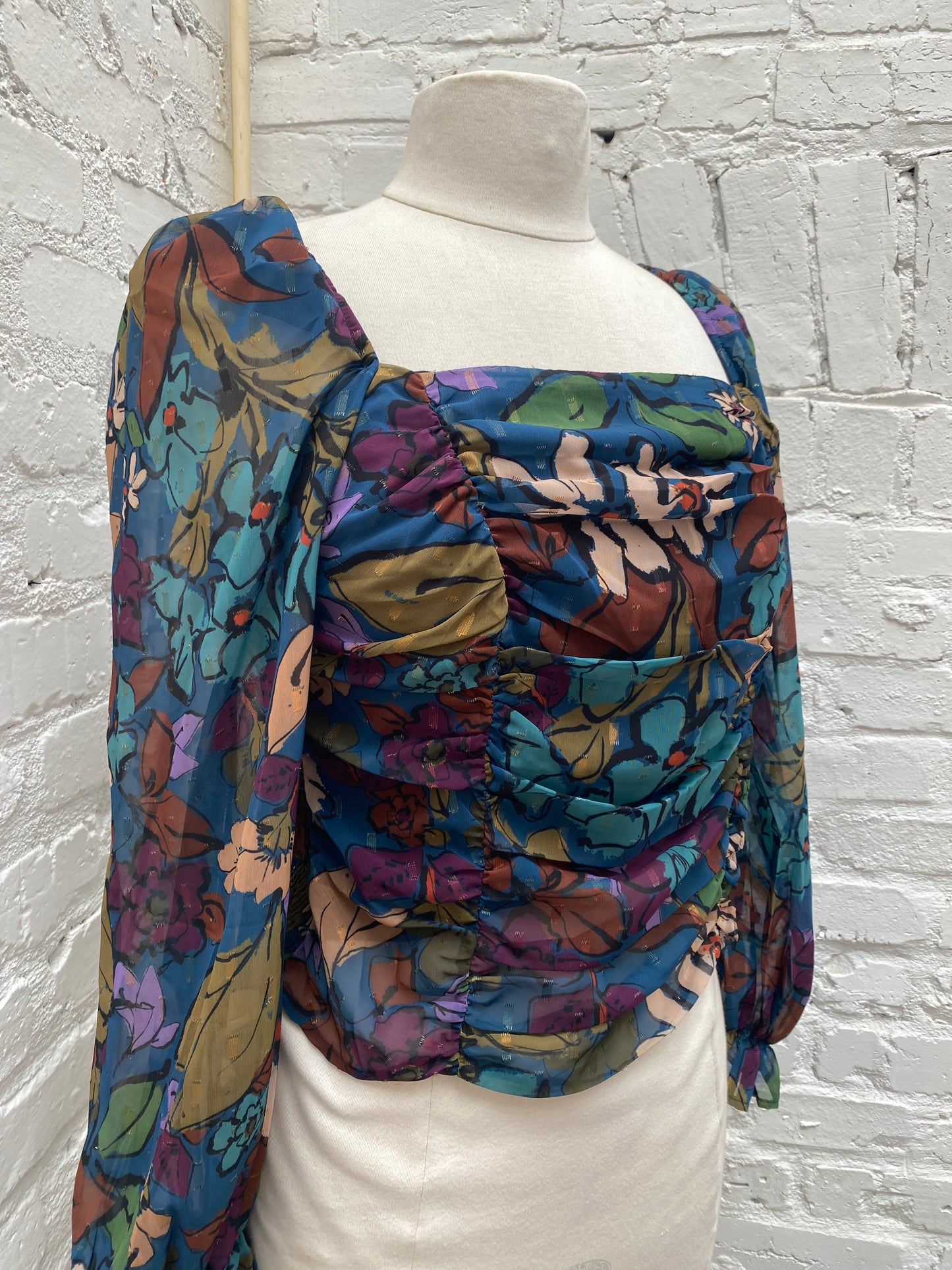 Meet Me in Santorini Dark Blue Floral Smocked Longsleeve Top, M