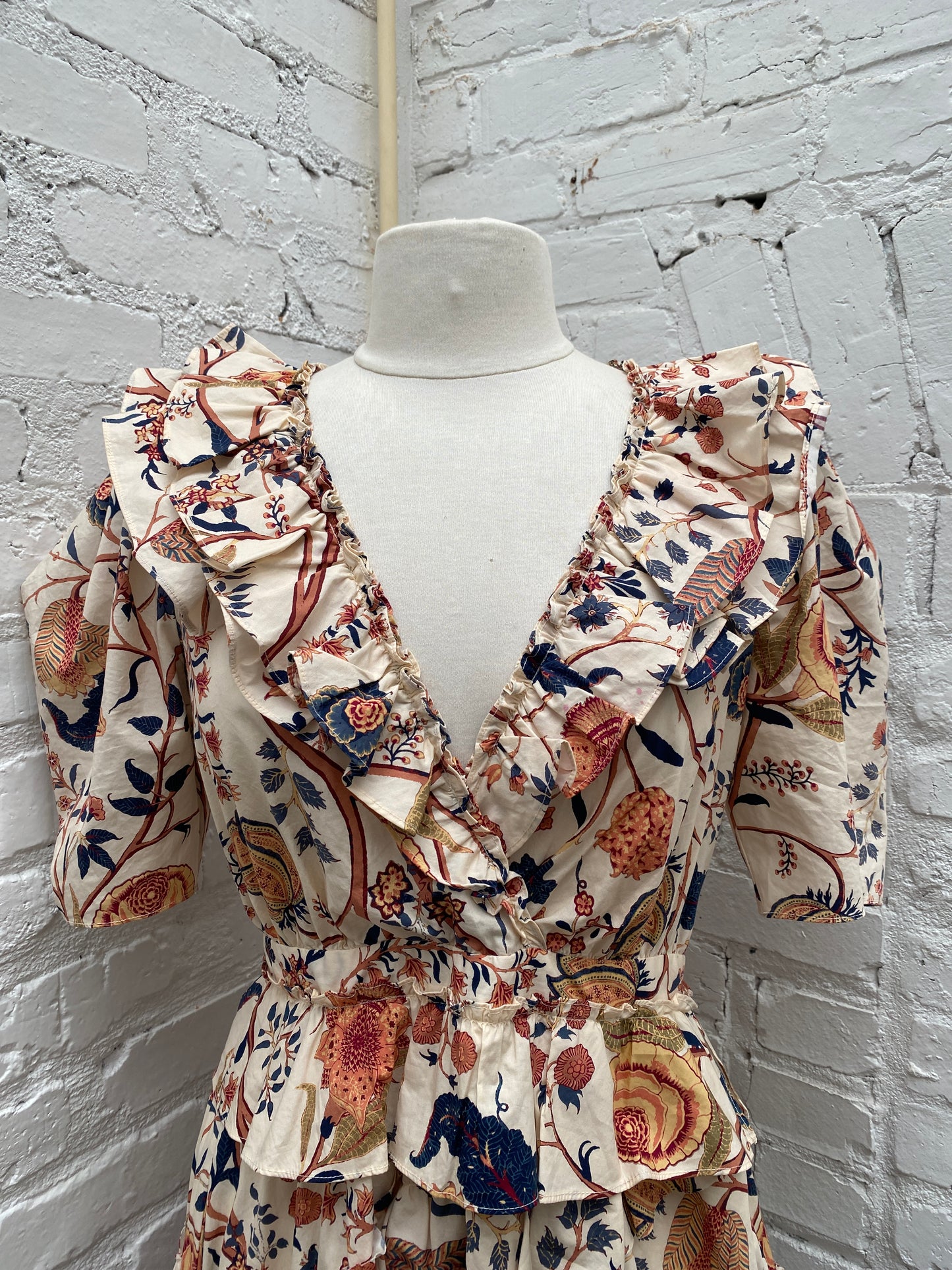 Ulla Johnson Cream, Peach & Navy Ruffled Dress, S/M