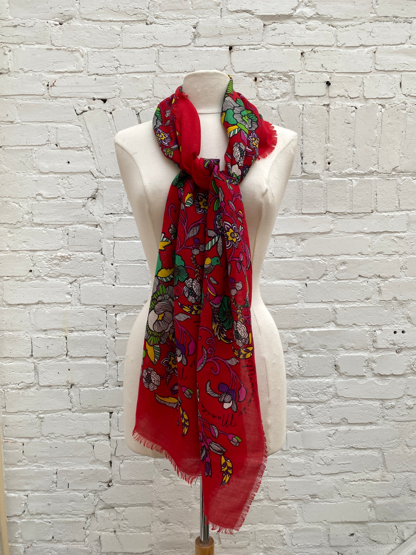 Loewe Red & Multicolor Floral Silk Shawl Scarf