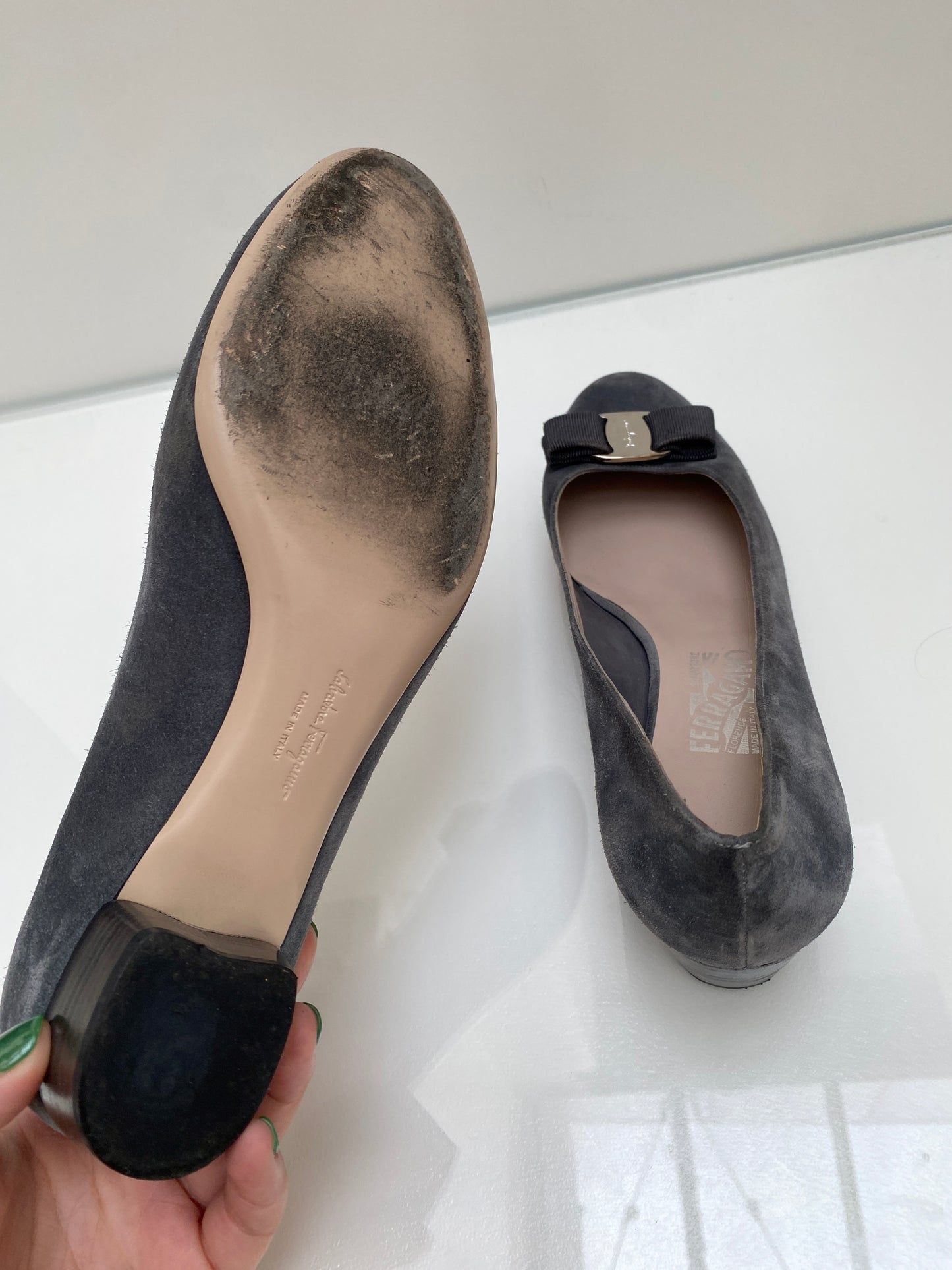 Salvatore Ferragamo Grey Suede Block Heels, 10