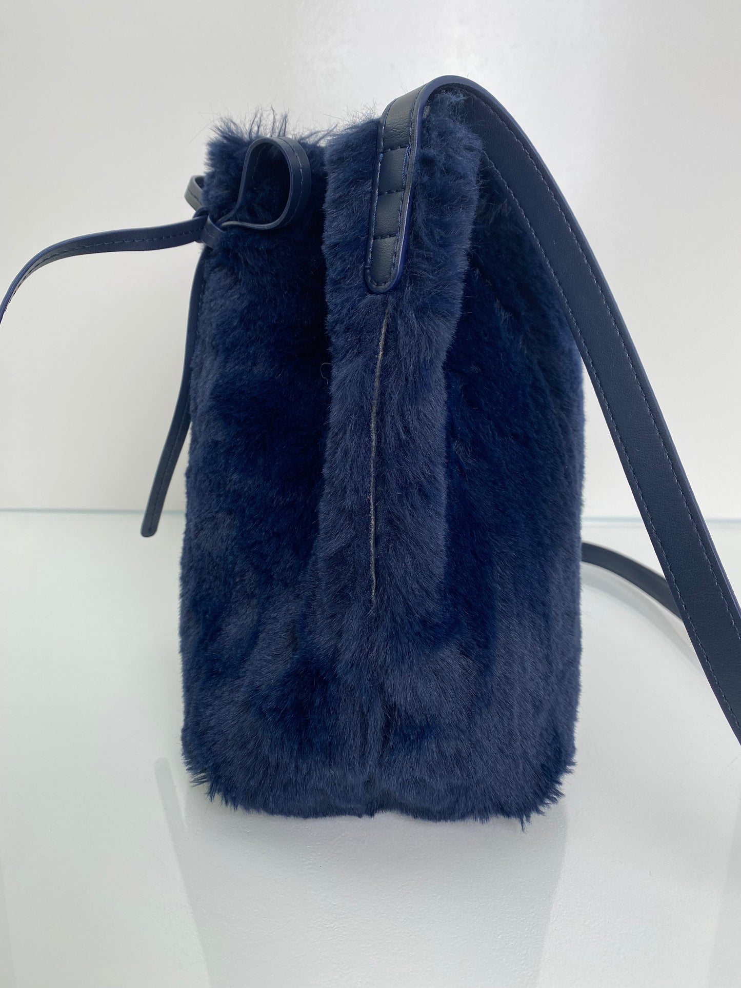 Mansur Gavriel Navy Faux Fur Crossbody Bucket Bag