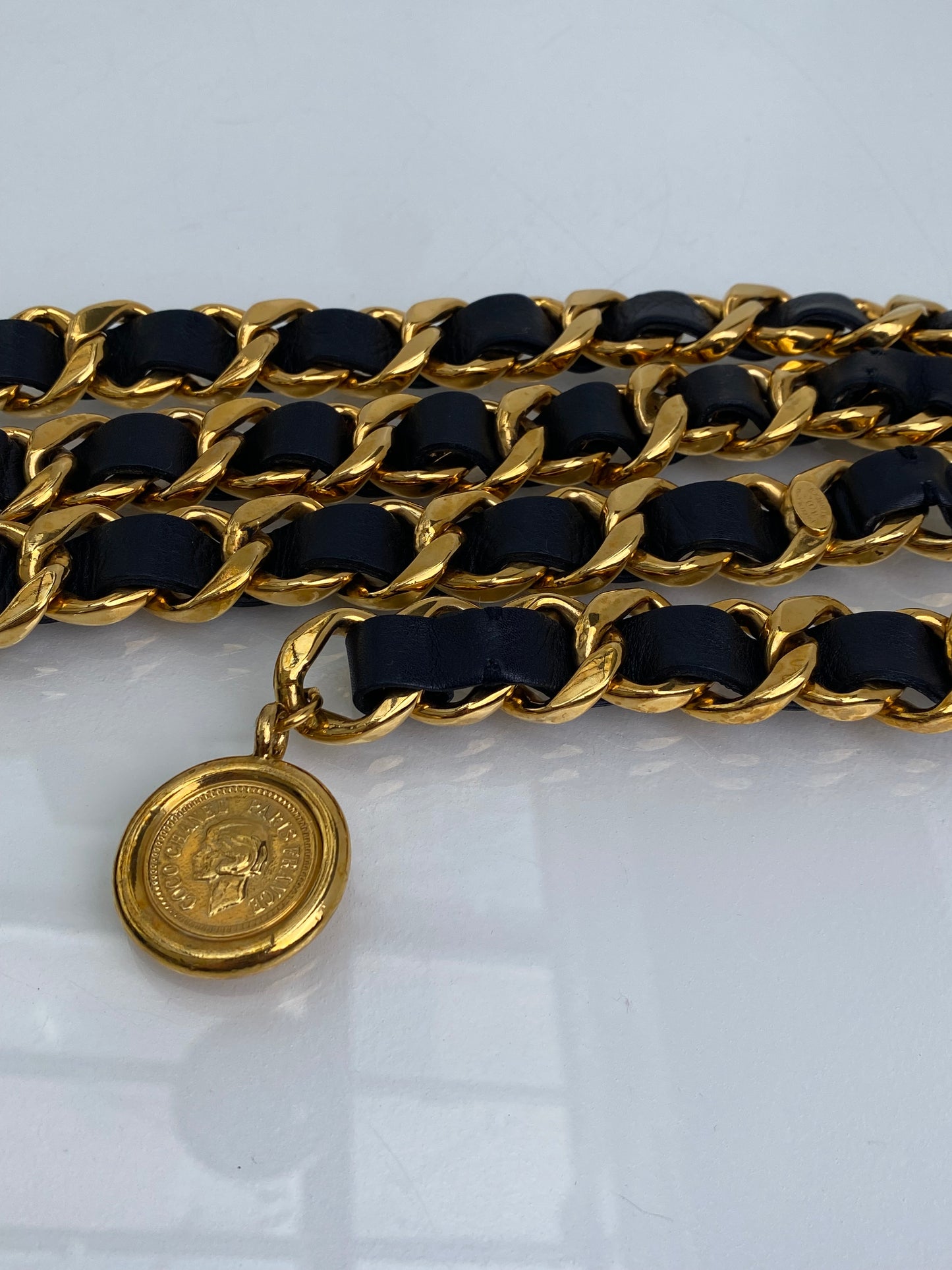 Chanel Black Leather & Gold Toned Chain Belt 2009