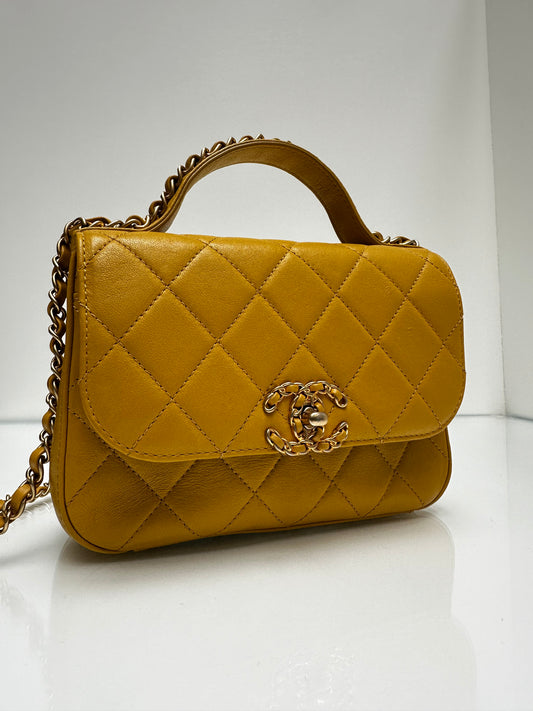 Chanel Yellow Lambskin Quilted Infinity Top Handle Flap Crossbody Bag