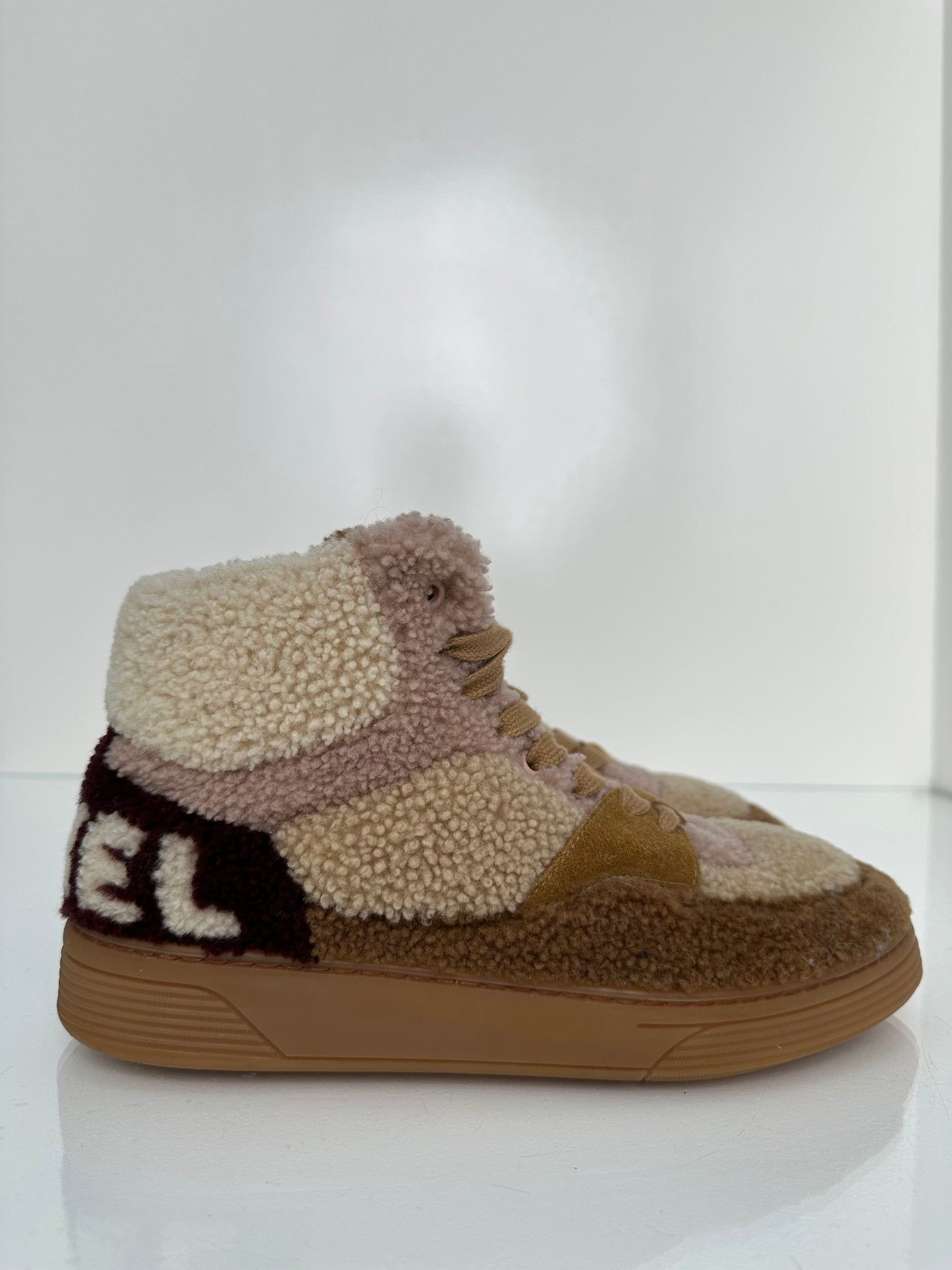 Chanel Cream, Pink, & Brown Shearling Sneakers, 39.5
