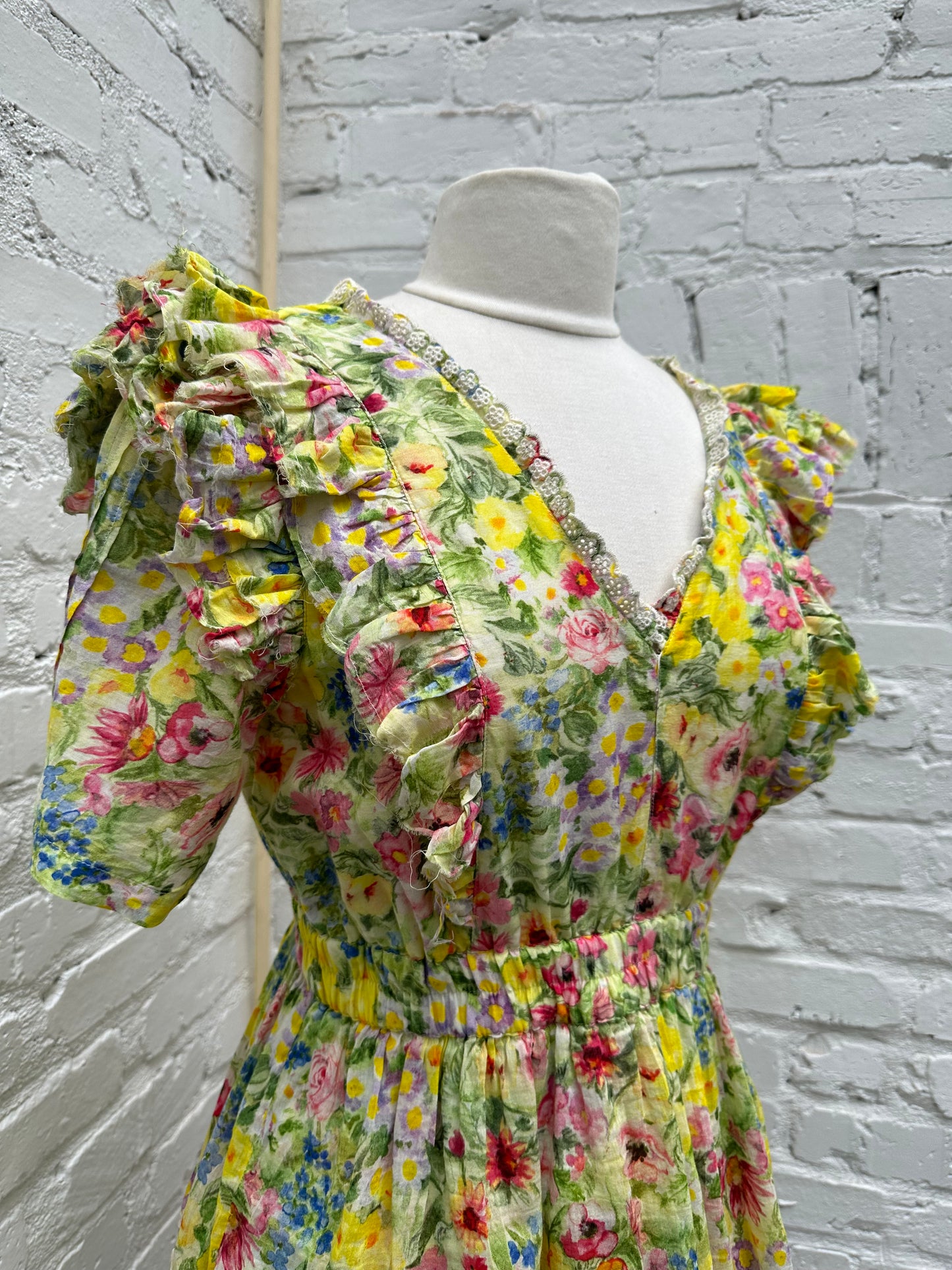 LoveShackFancy Green, Yellow & Pink Floral Dress, M