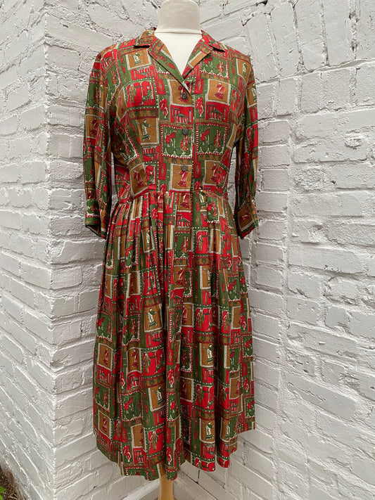 Brown, Red & Green Greek Silk Vintage Dress, S