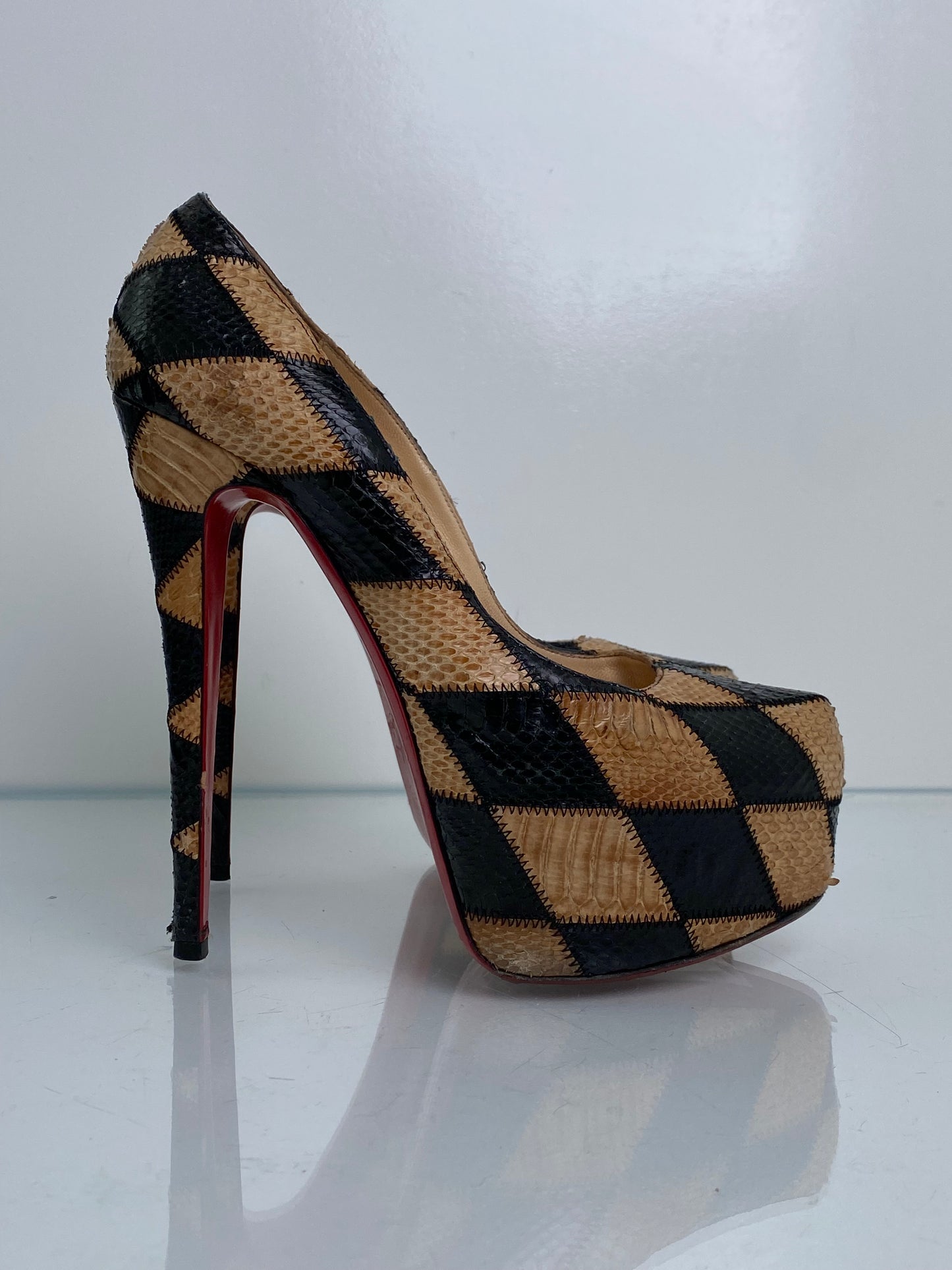 Christian Louboutin Brown & Black Python Checkered Pumps, 39
