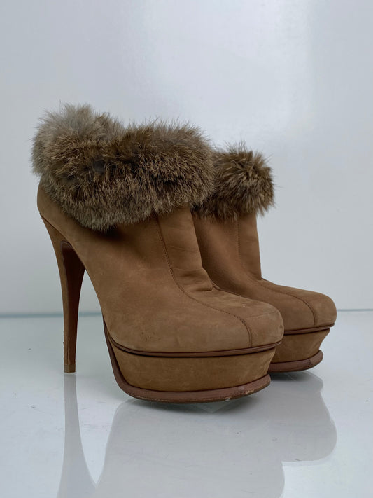 Saint Laurent Brown Suede & Fur Lined Heels, 38.5