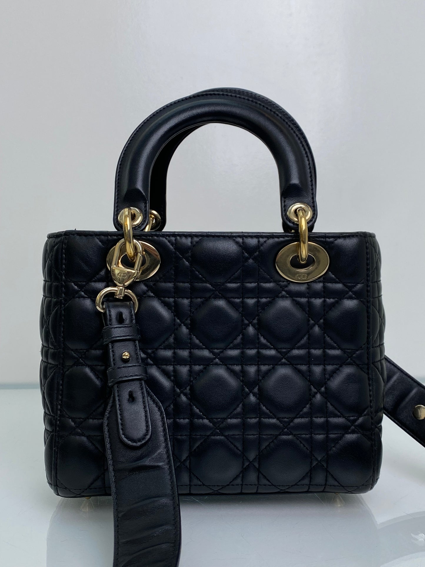 Christian Dior Lady Dior Small Black Lambskin W/ Blue Charm Strap