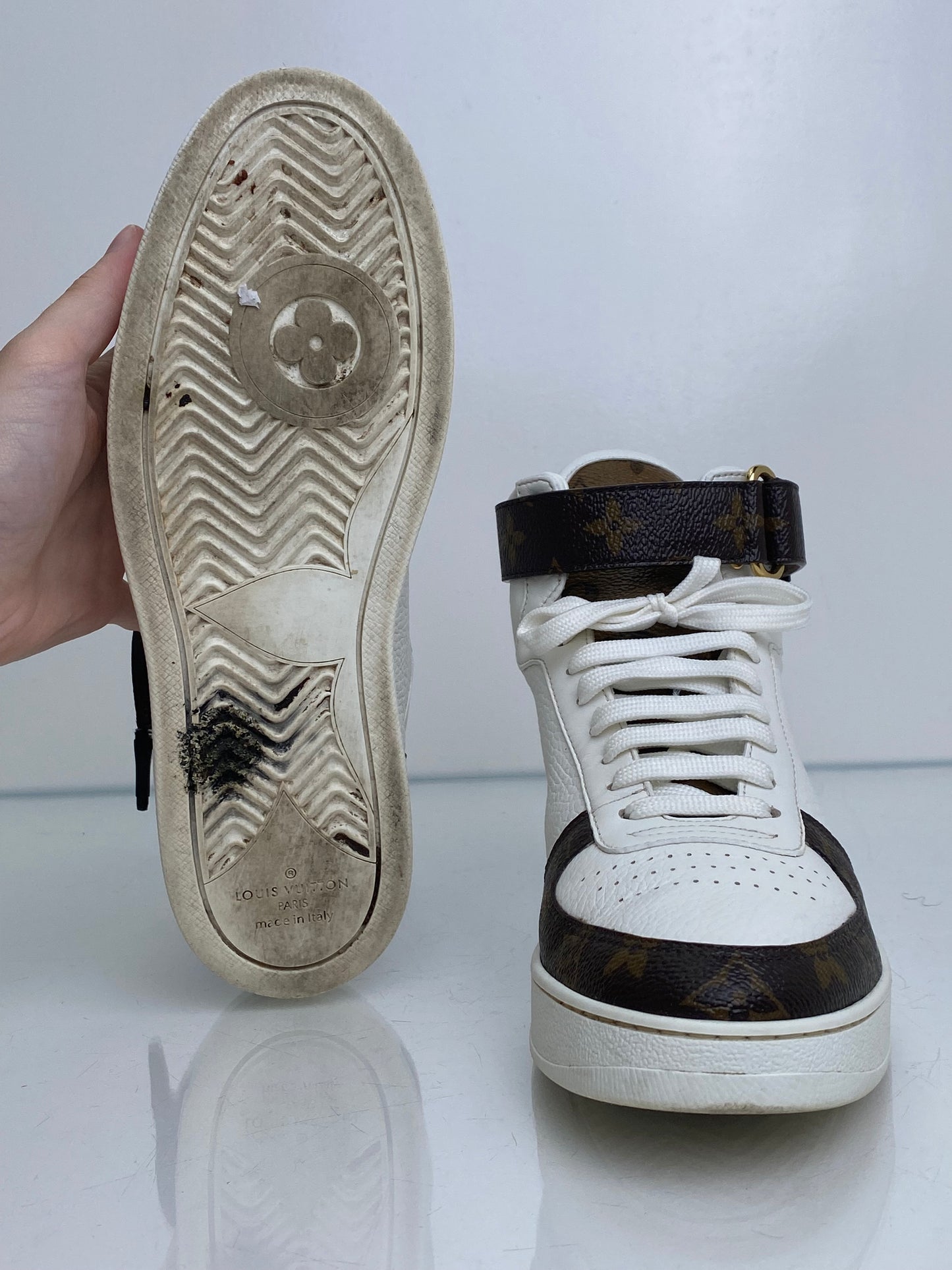 Louis Vuitton White, Monogram, & Reverse Monogram Boombox Sneakers, 38