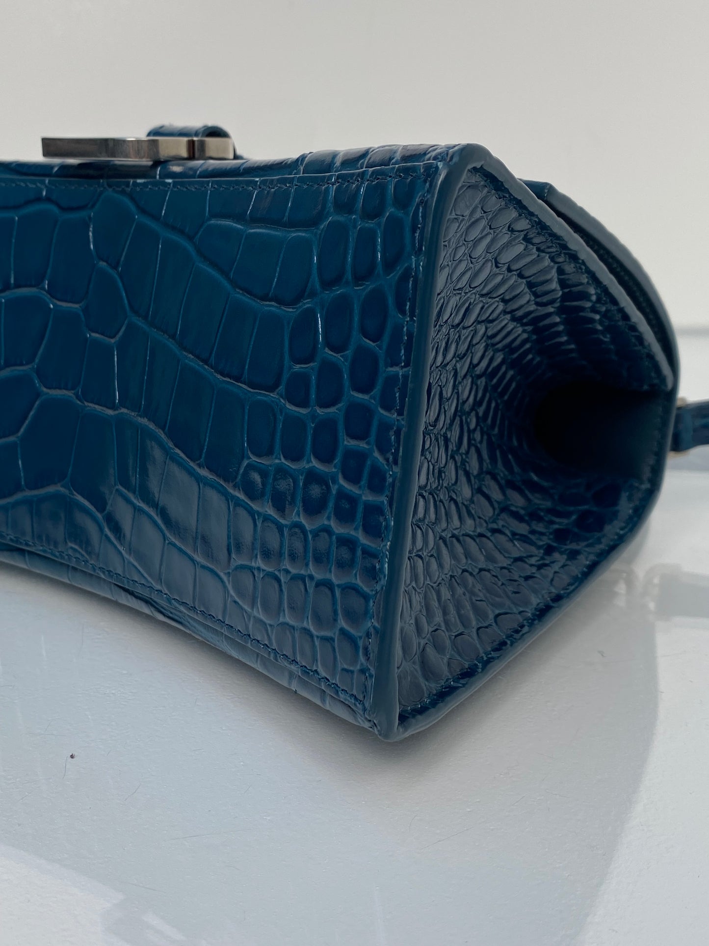 Balenciaga Teal Croc Embossed S Handle Hourglass Bag