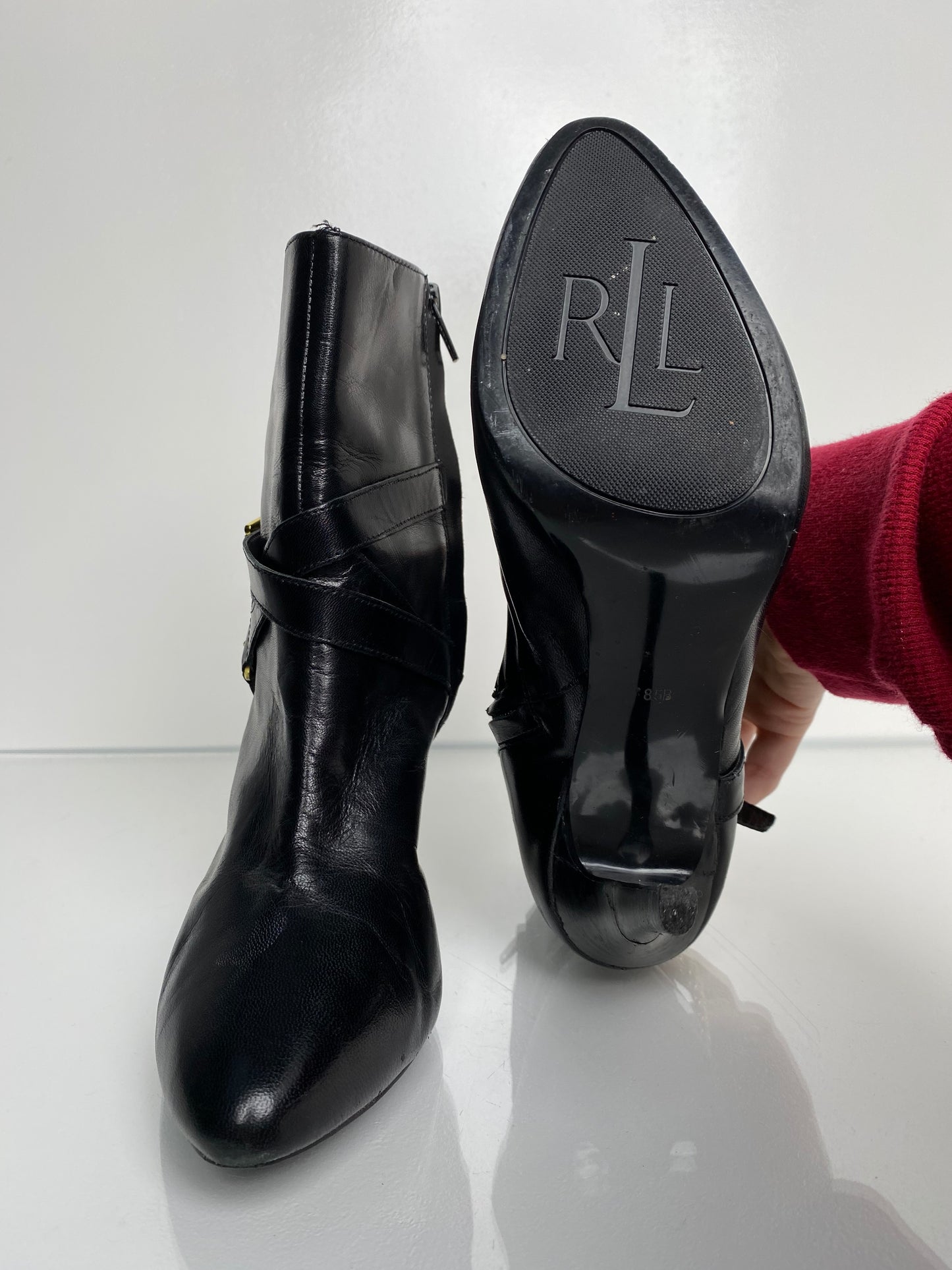 Ralph Lauren Black Leather & Chain Detailing Booties, 8.5