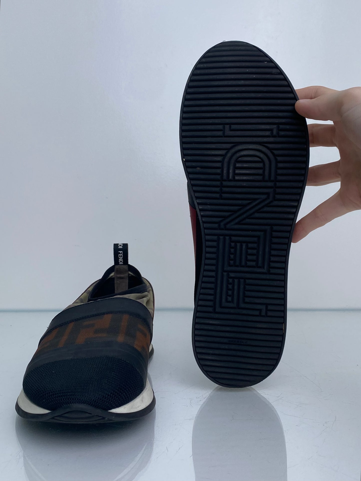 Fendi Red, Black, & Monogram Mesh Slip On Sneakers, 38