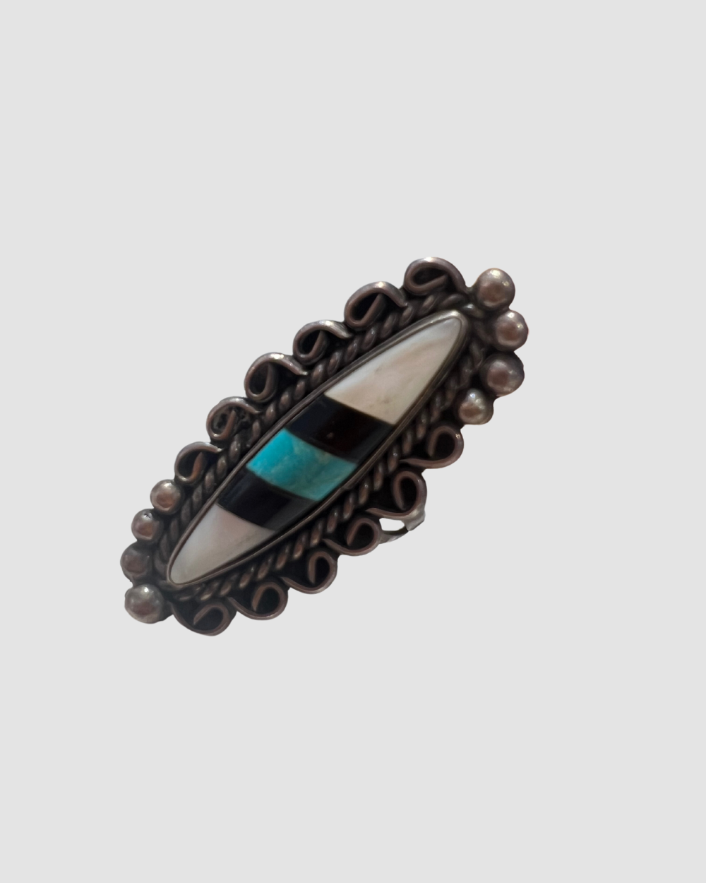 Vintage Inlaid Sterling Silver, Turquoise and Onyx Ring, 8.75