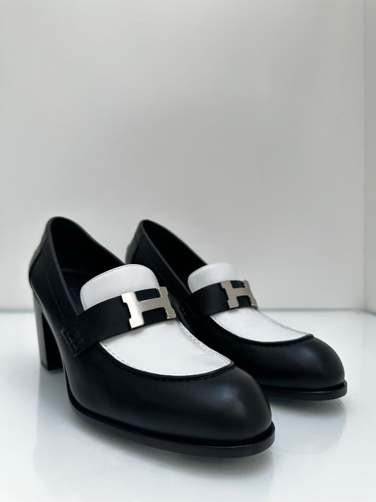 Hermes Black & White Leather H Buckle Loafers, 40