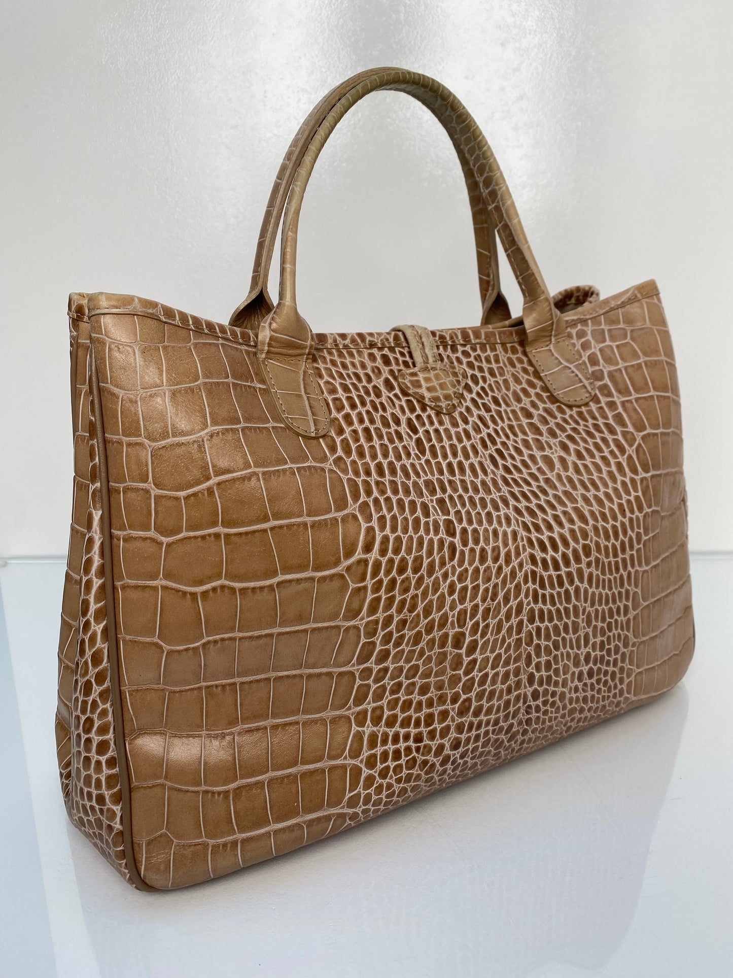 Longchamp Roseau Light Brown Embossed Leather Tote SHW (As Is)