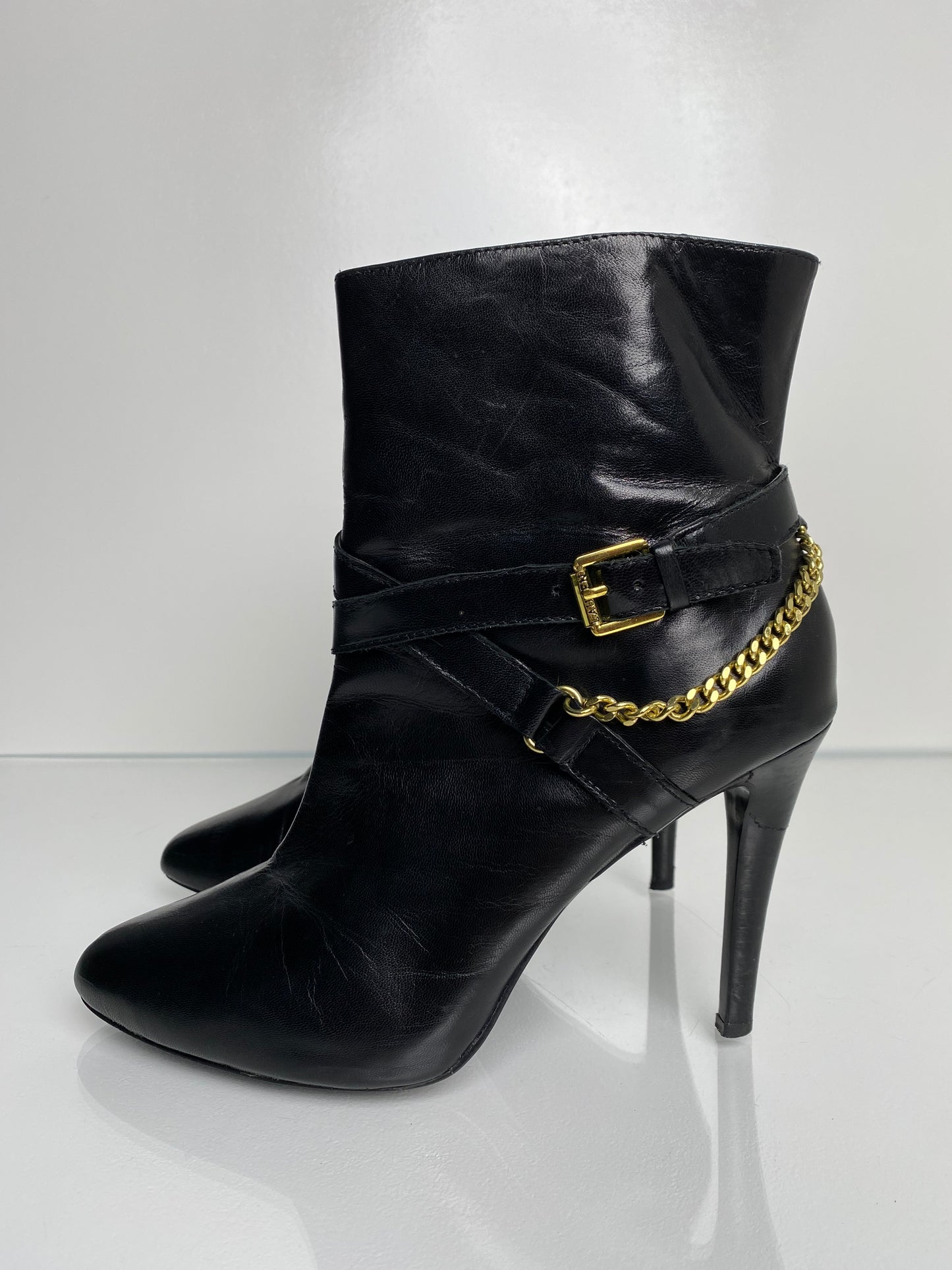 Ralph Lauren Black Leather & Chain Detailing Booties, 8.5