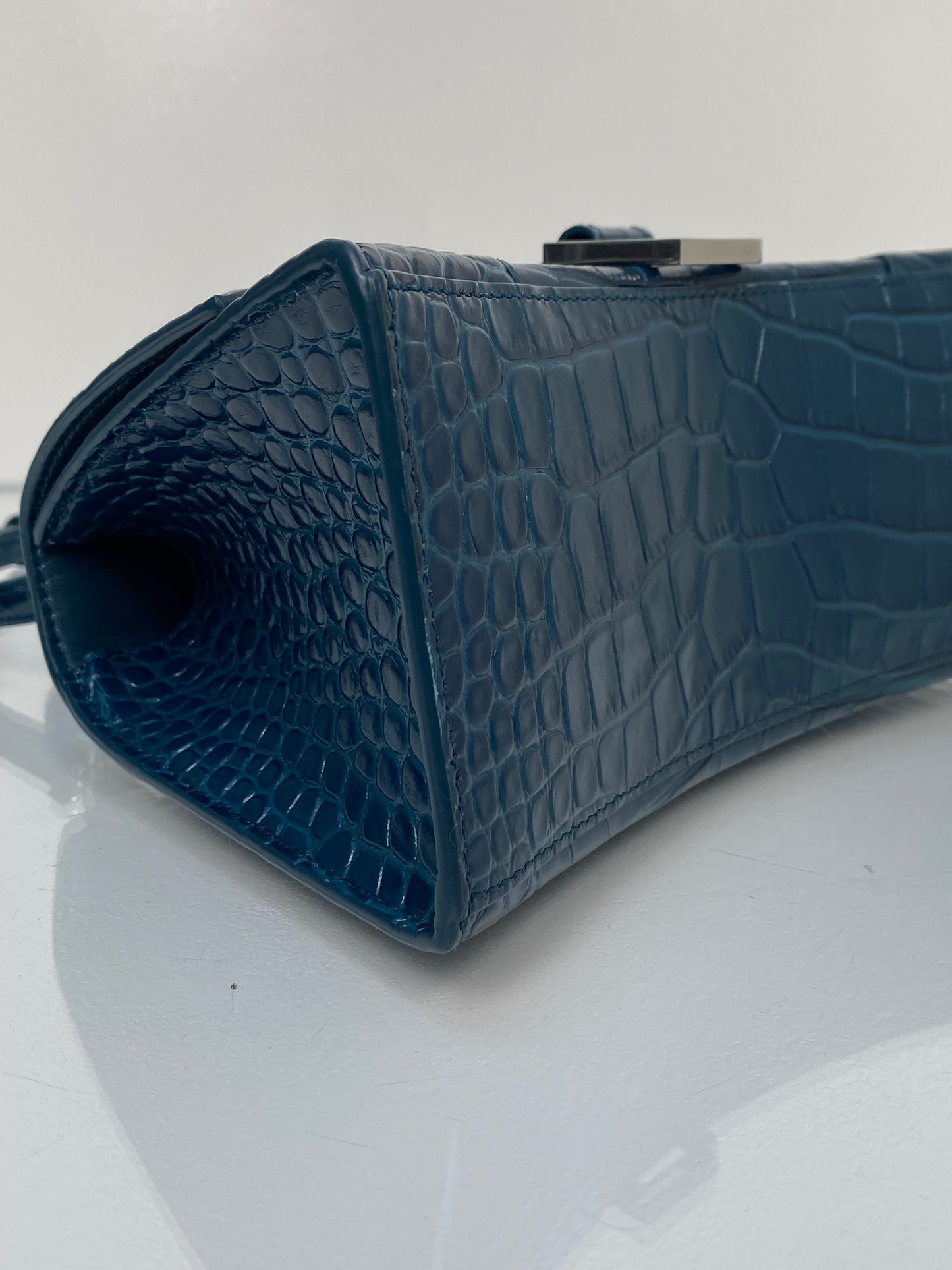 Balenciaga Teal Croc Embossed S Handle Hourglass Bag