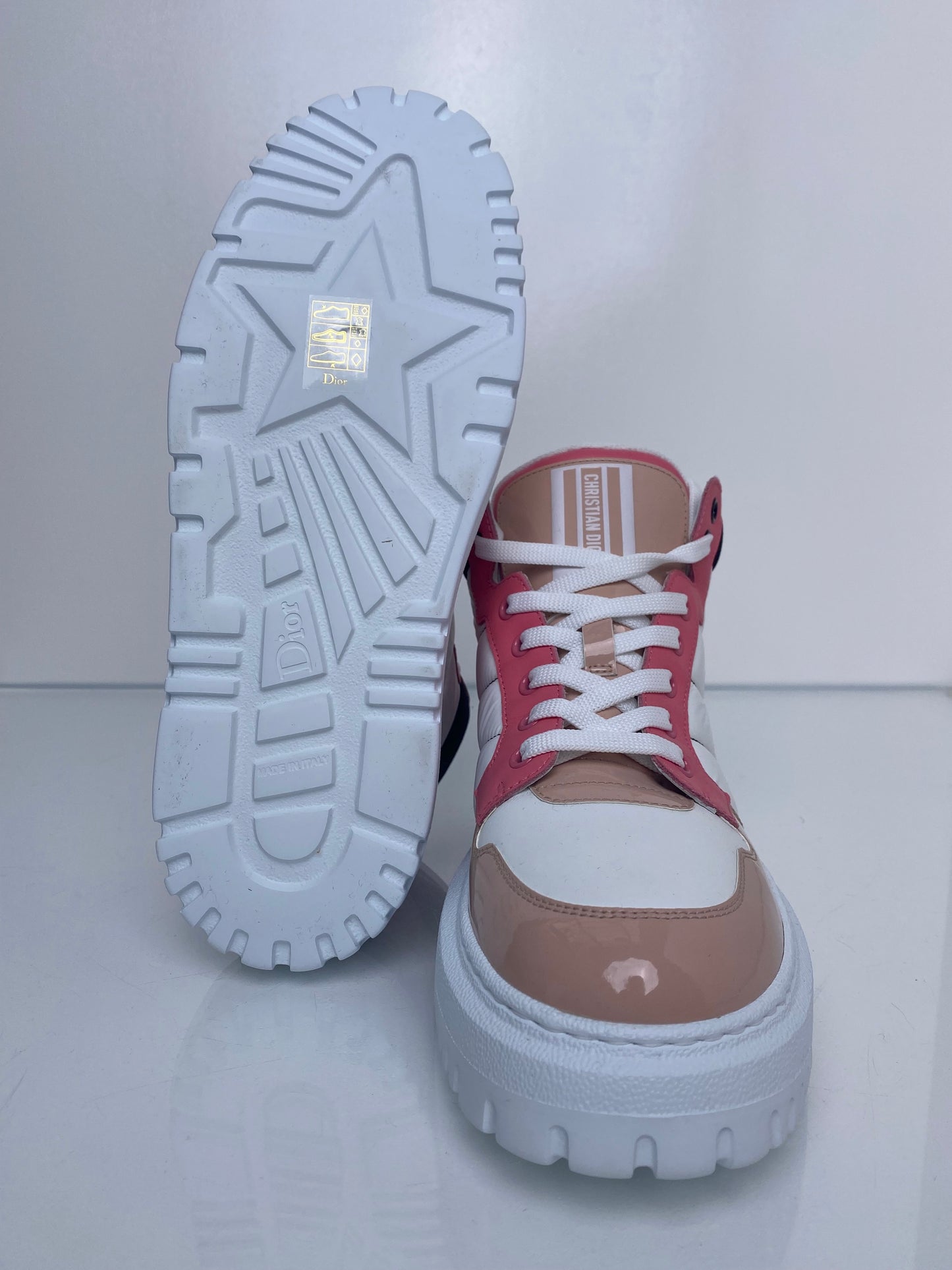 Dior White, Pink, & Tan Patent D Player High Top Sneakers, 38.5