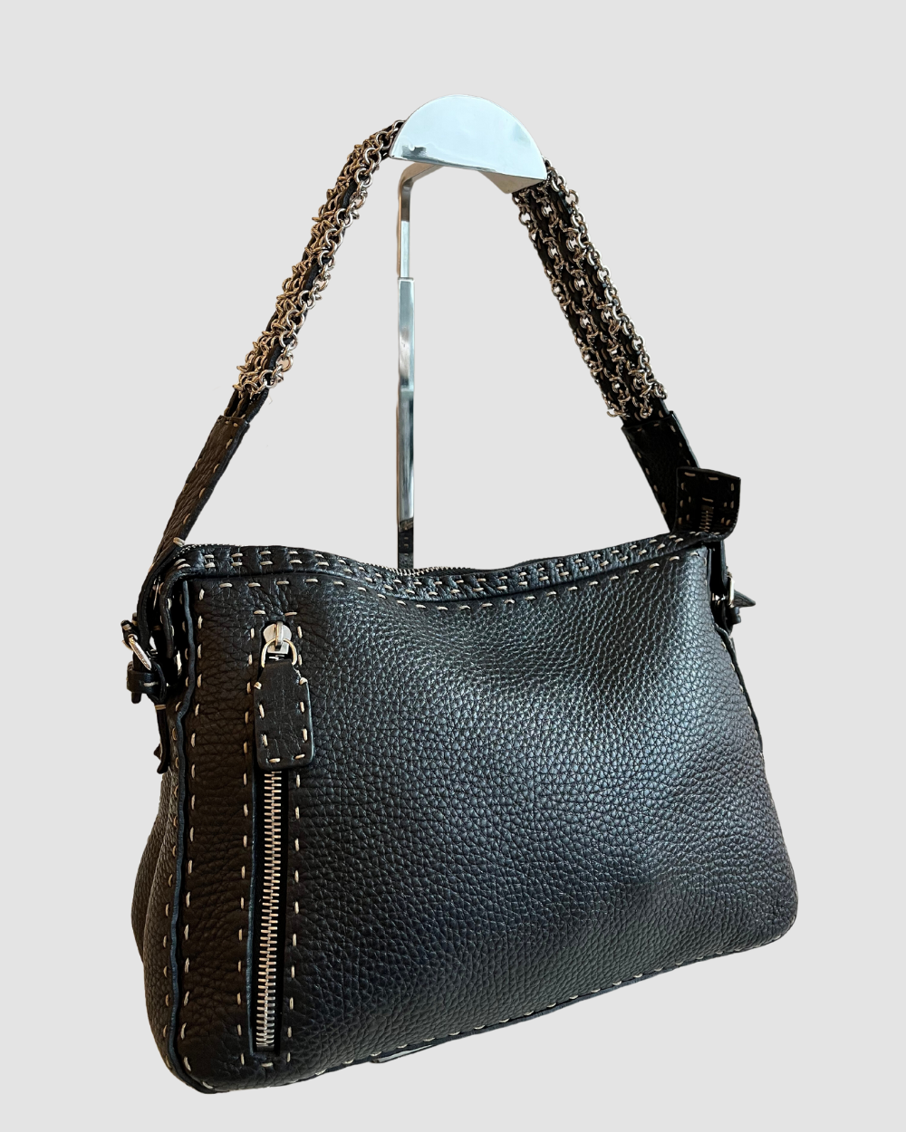 Fendi Vintage Black Leather Silver Detailing Shoulder Bag