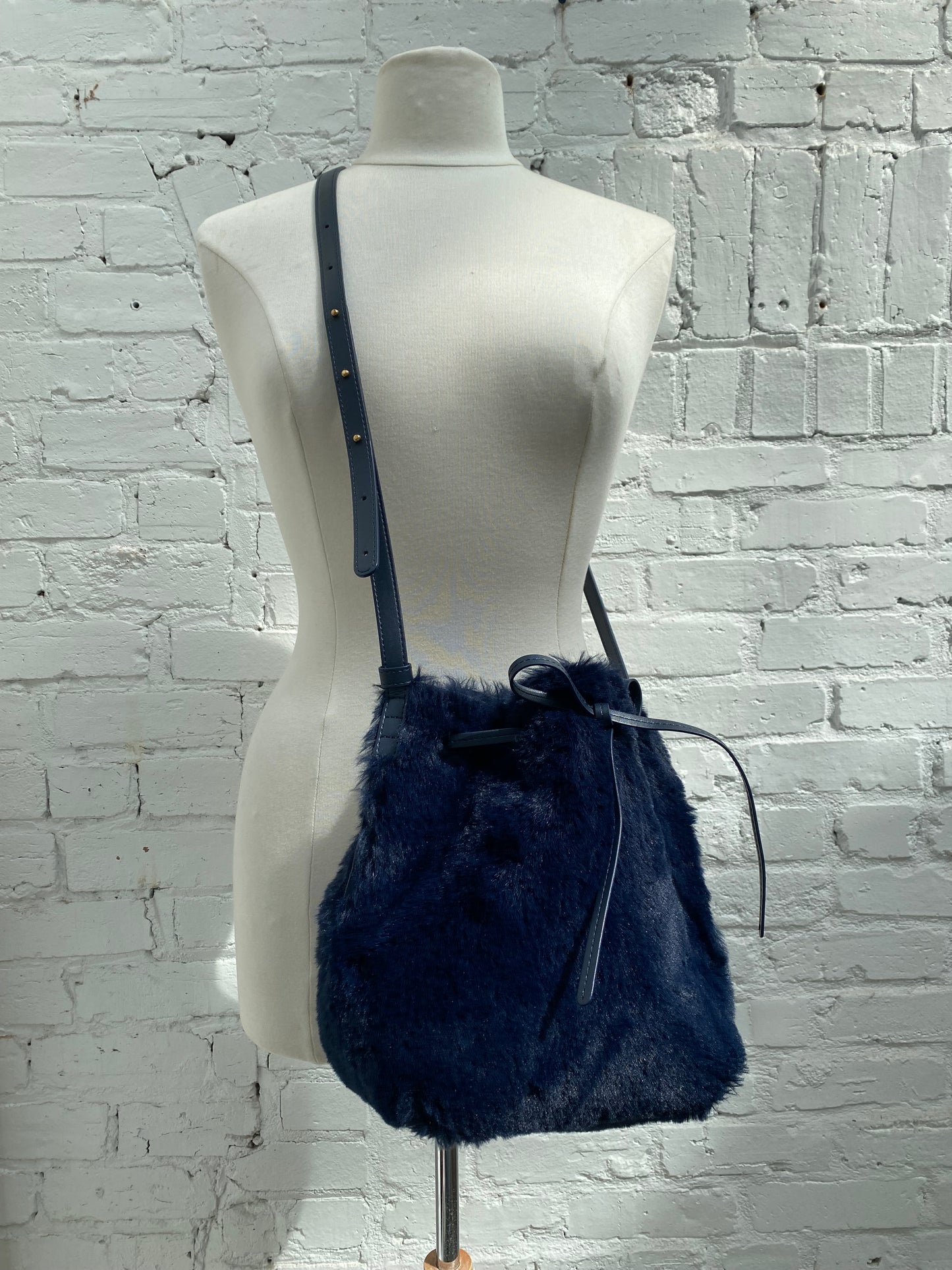 Mansur Gavriel Navy Faux Fur Crossbody Bucket Bag