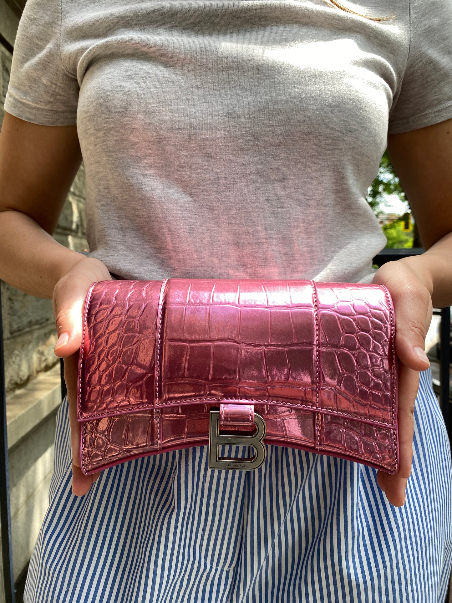 Balenciaga Hourglass Pink Croc Embossed Crossbody