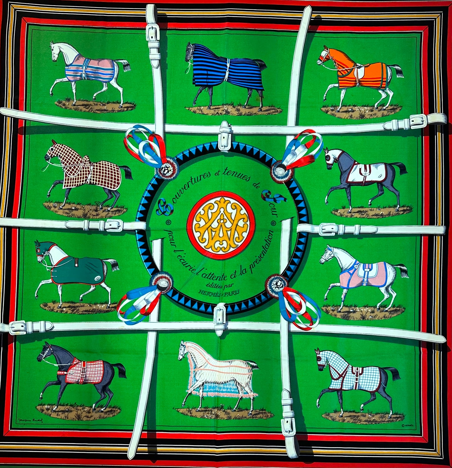 Hermes Green, Red & Black Horse Silk Scarf