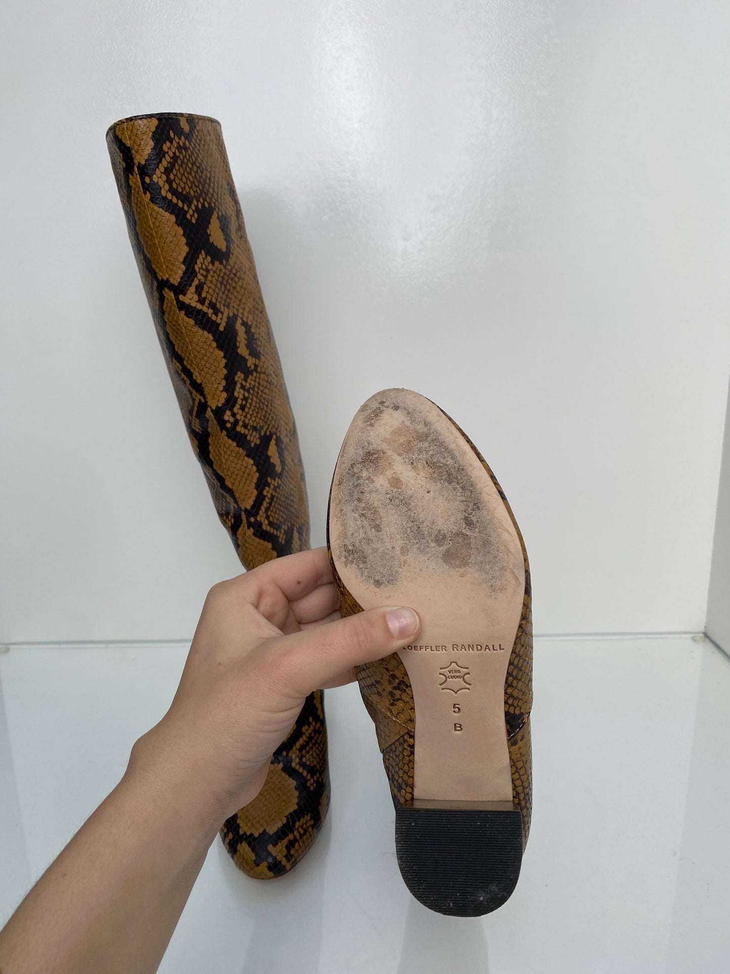 Loeffler Randall Brown & Black Snakeprint Tall Boots, 5