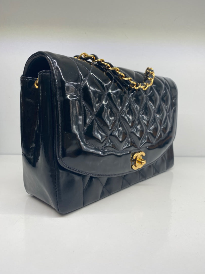 Chanel Classic Vintage Diana, Black Patent, GHW w/ card