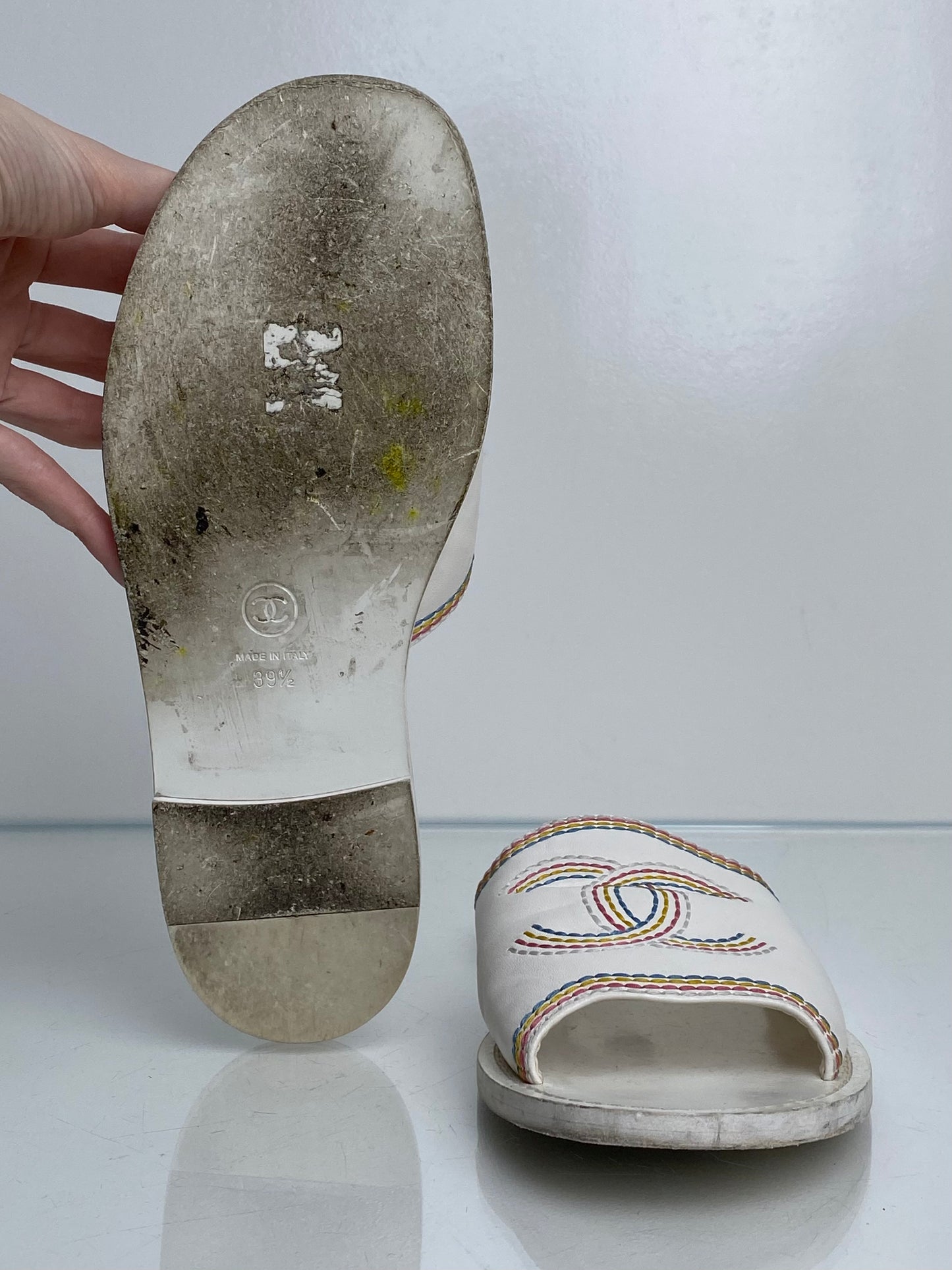 Chanel White & Multicolor Embroidered CC Sandals, 39.5 (As Is)