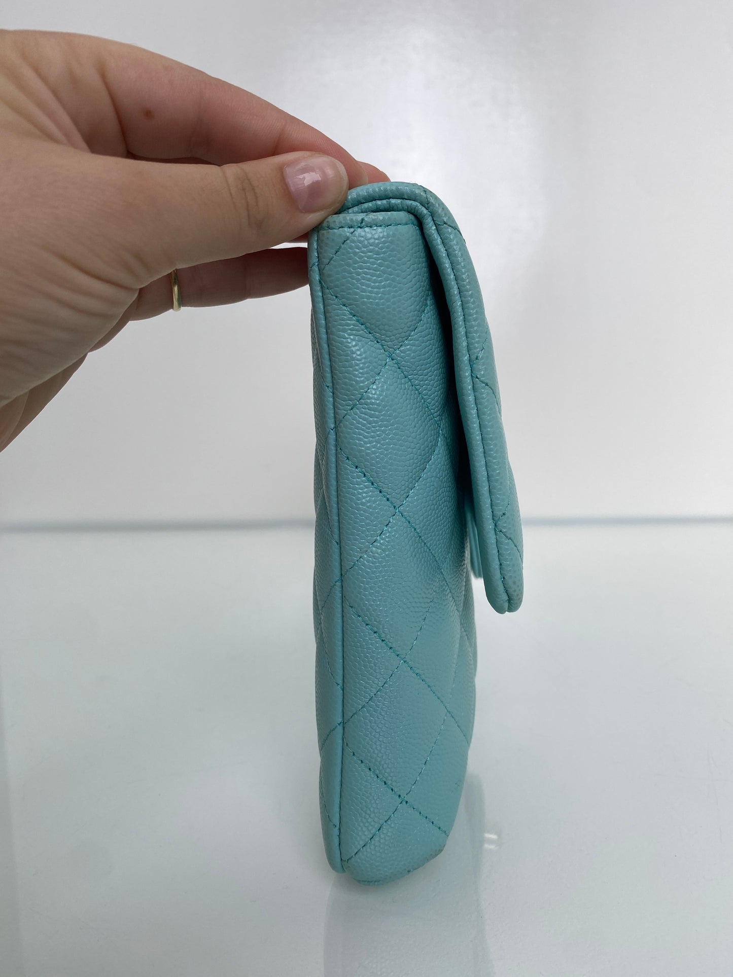Chanel Light Blue Caviar Quilted Clutch LGHW