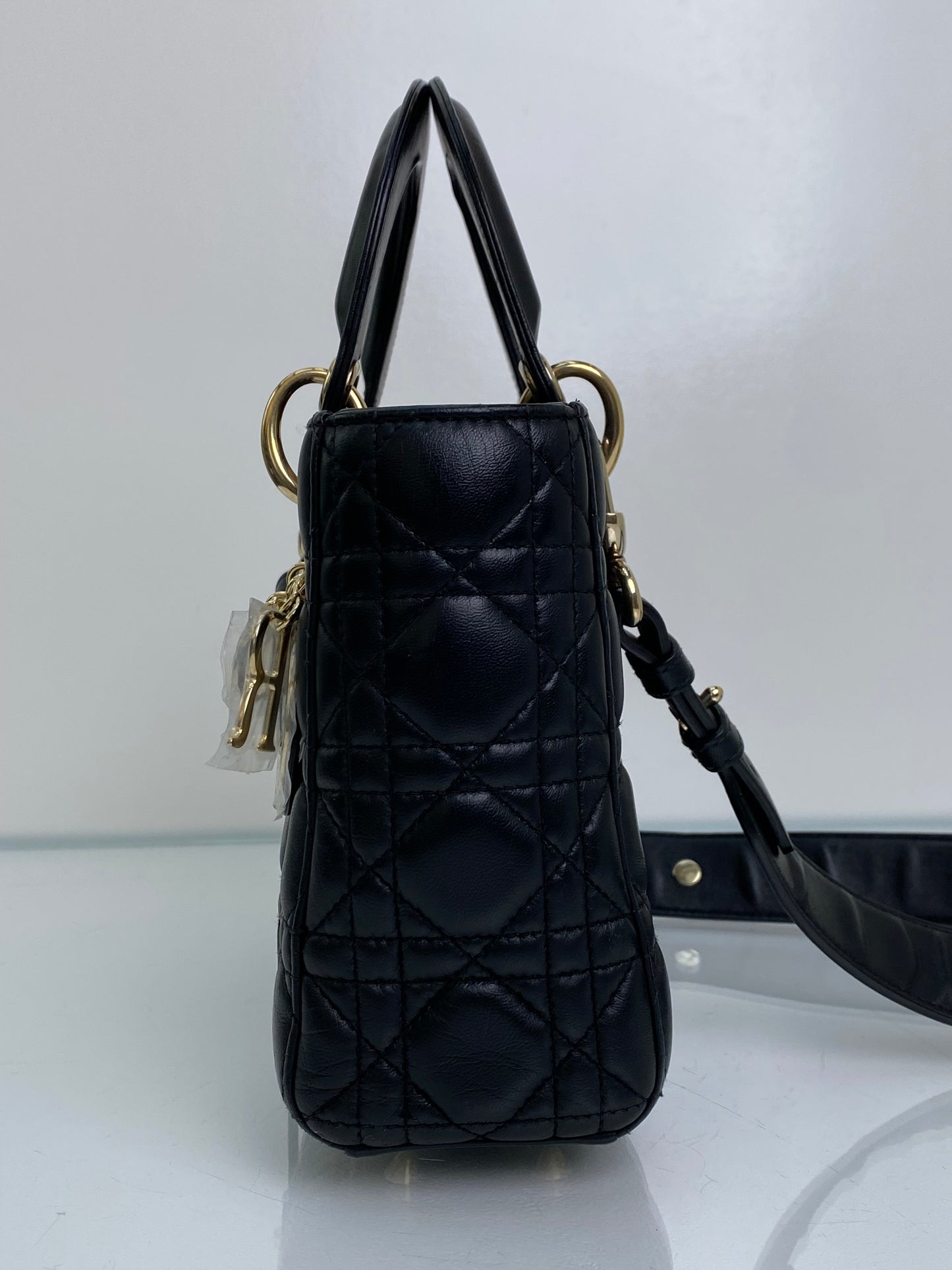 Christian Dior Lady Dior Small Black Lambskin W/ Blue Charm Strap
