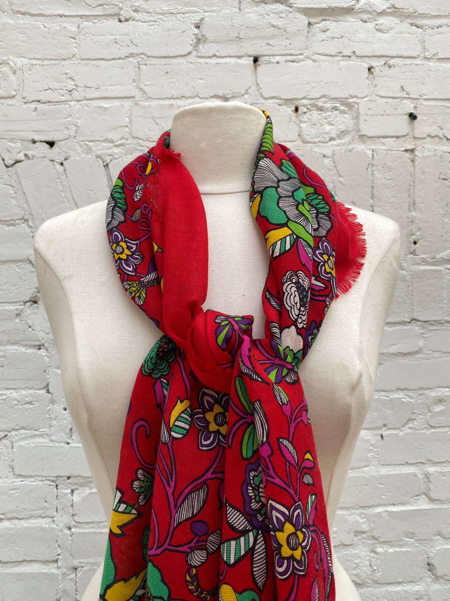 Loewe Red & Multicolor Floral Silk Shawl Scarf