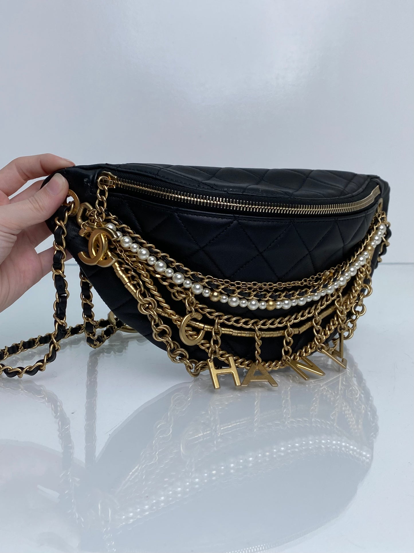 Chanel All About Chains Black Leather Bum Bag