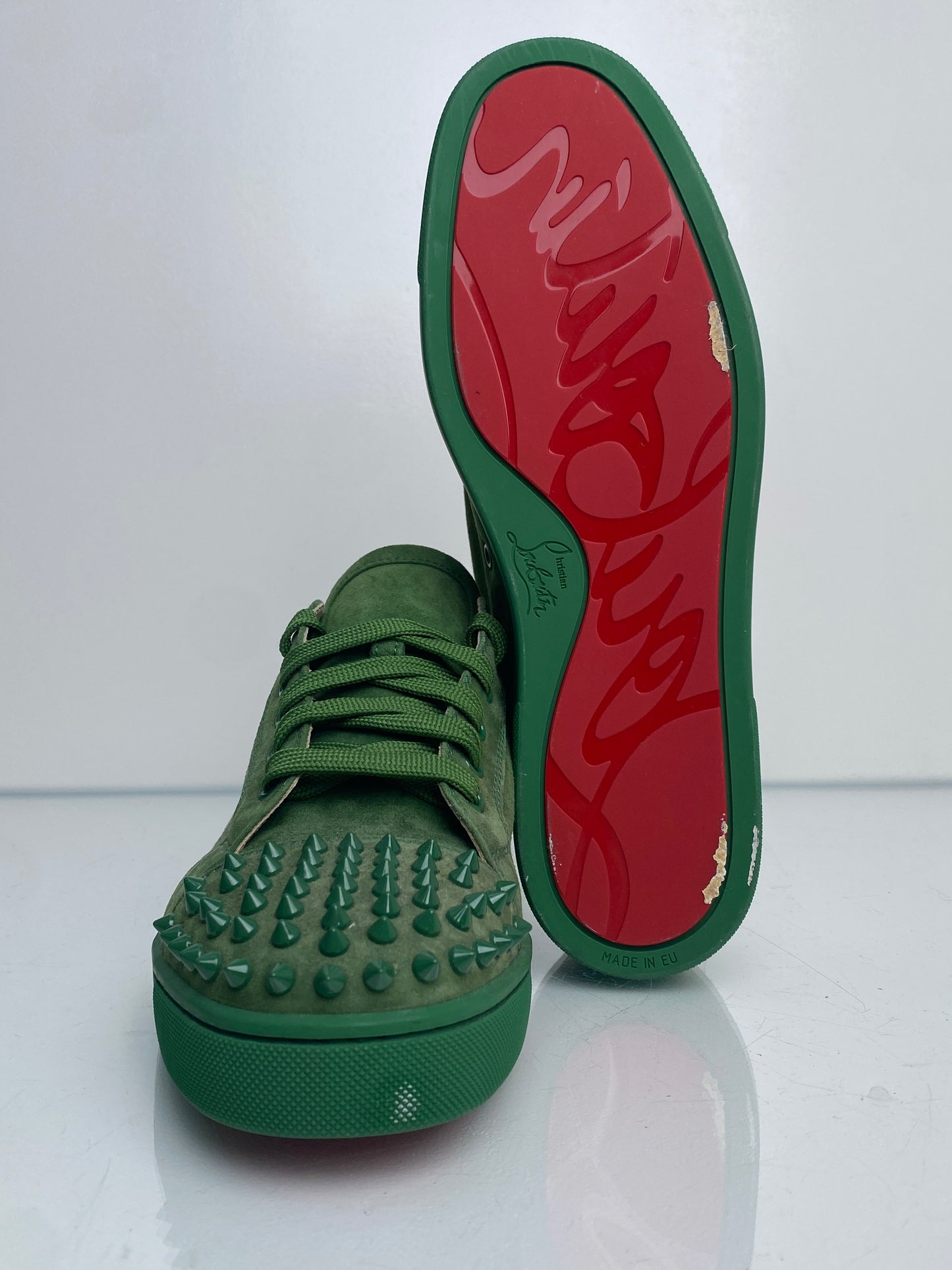 Christian Louboutin Green Suede Low-Top Spike Sneakers, 43
