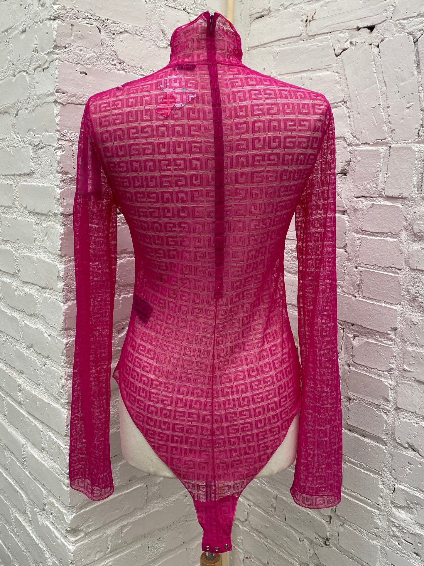Givenchy Hot Pink Mesh Logo Body Suit, L