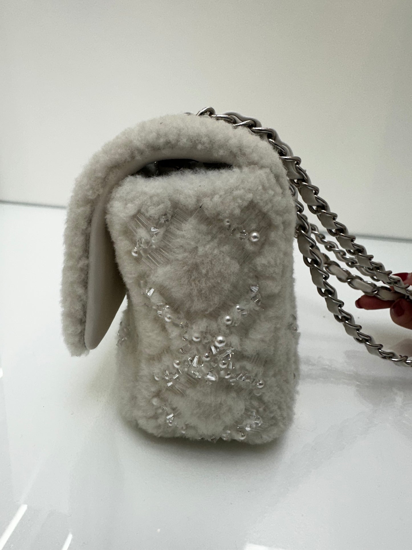 Chanel White Shearling Sequin & Pearl Medium Single Classic Flap SHW