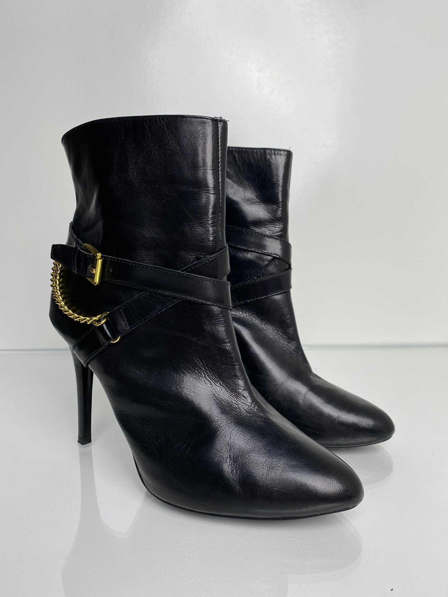Ralph Lauren Black Leather & Chain Detailing Booties, 8.5