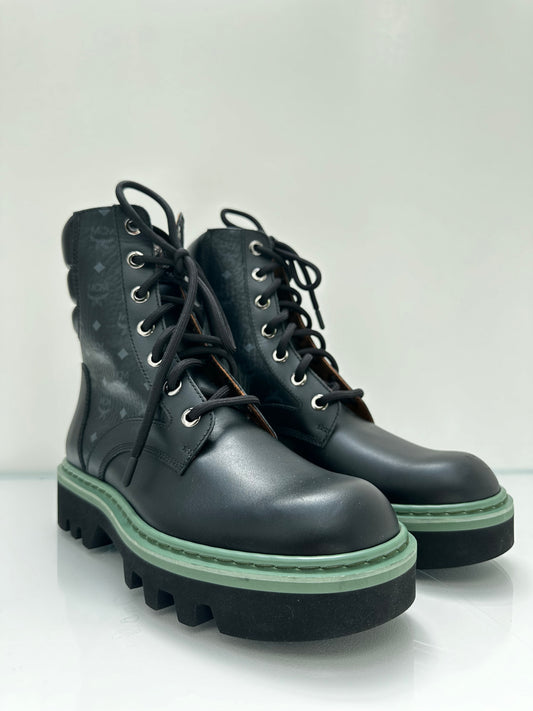 MCM Black Leather & Teal Detailing Combat Boots, 42