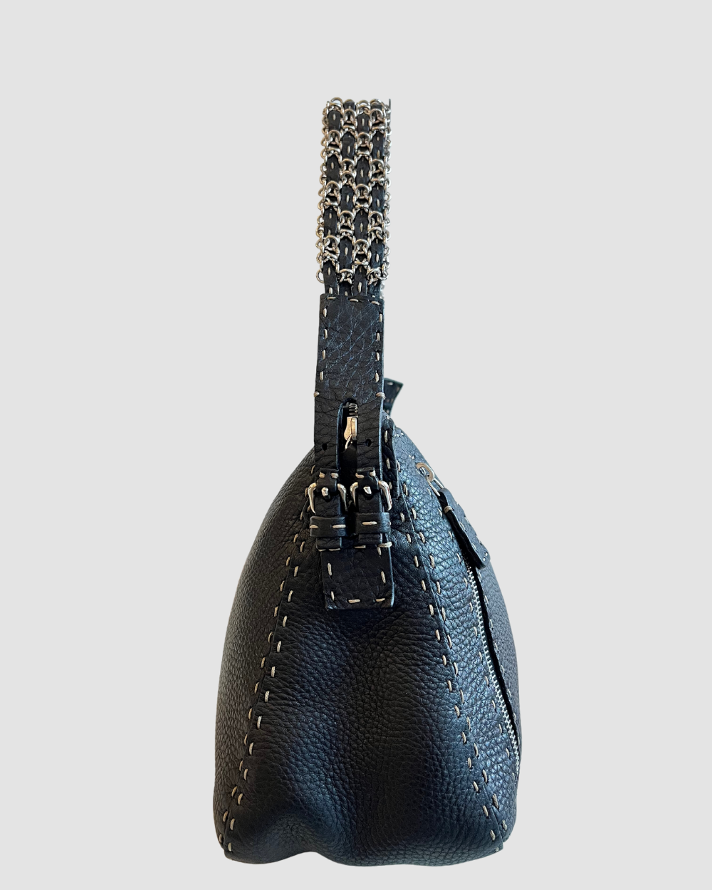 Fendi Vintage Black Leather Silver Detailing Shoulder Bag