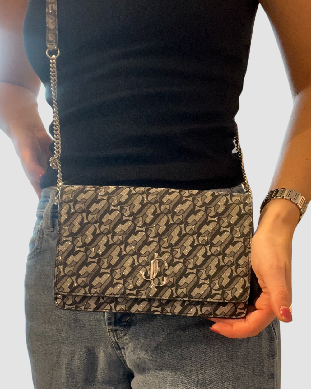 Jimmy Choo Palace JC Glitter Bag Silver Black