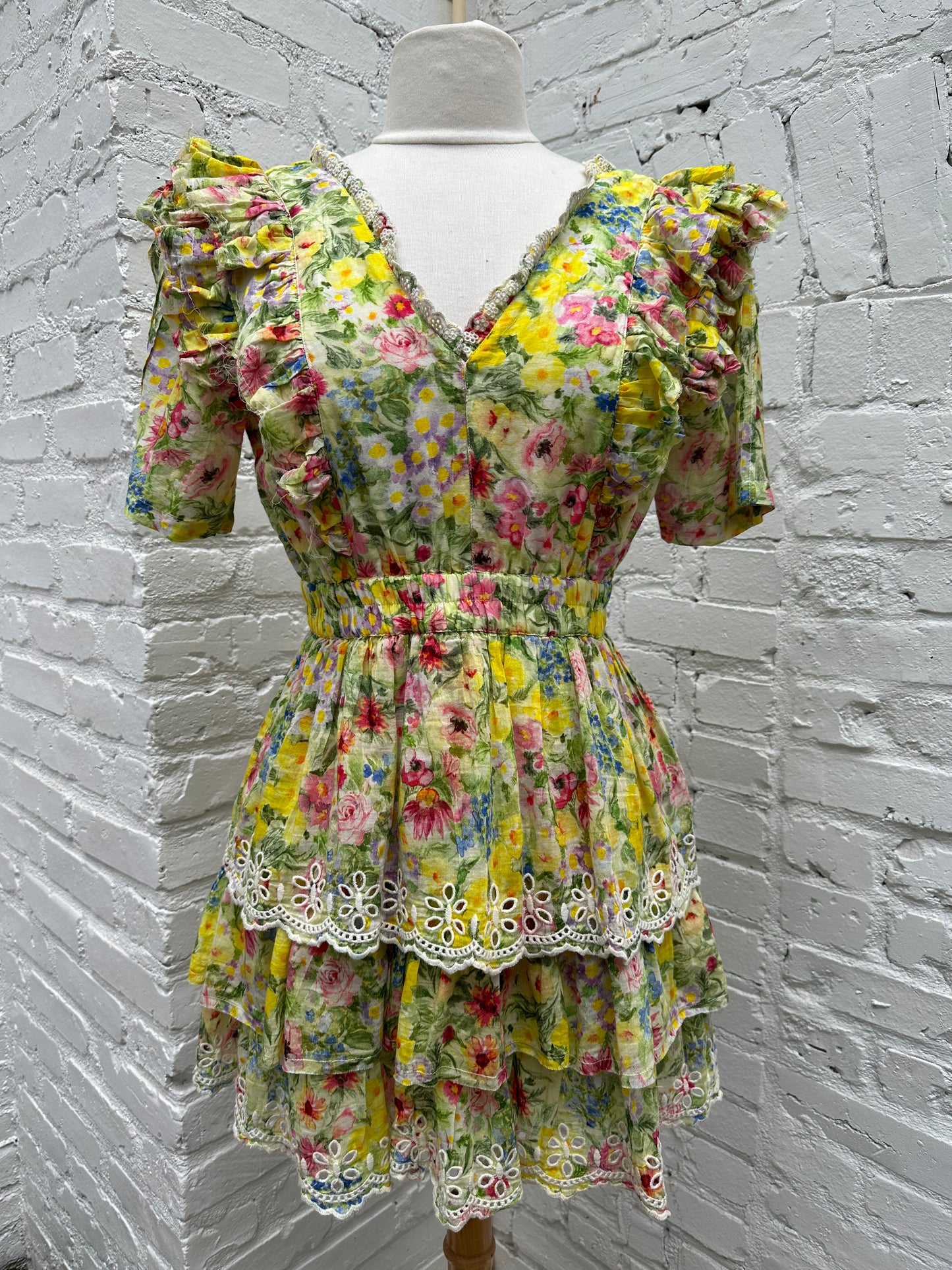 LoveShackFancy Green, Yellow & Pink Floral Dress, M