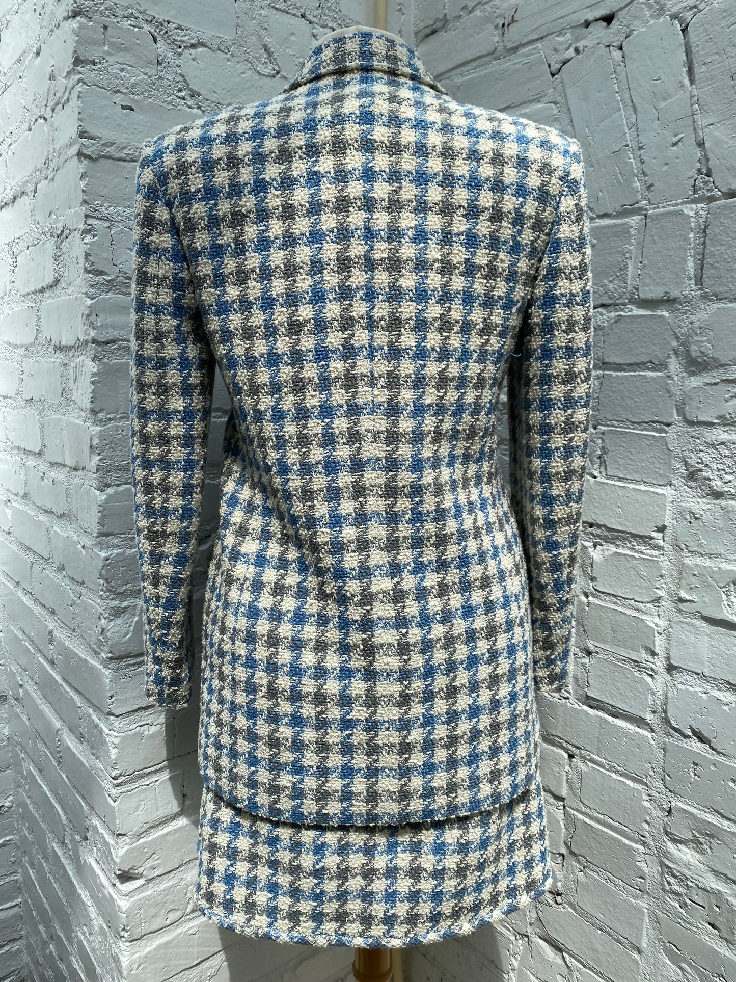 Sandro Cream, Blue & Gray Houndstooth Tweed Blazer & Skirt Set, 36