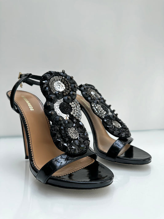 DSquared Black Sequin Strappy Heels, 39