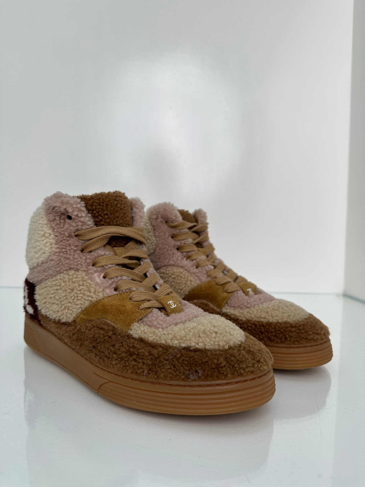 Chanel Cream, Pink, & Brown Shearling Sneakers, 39.5