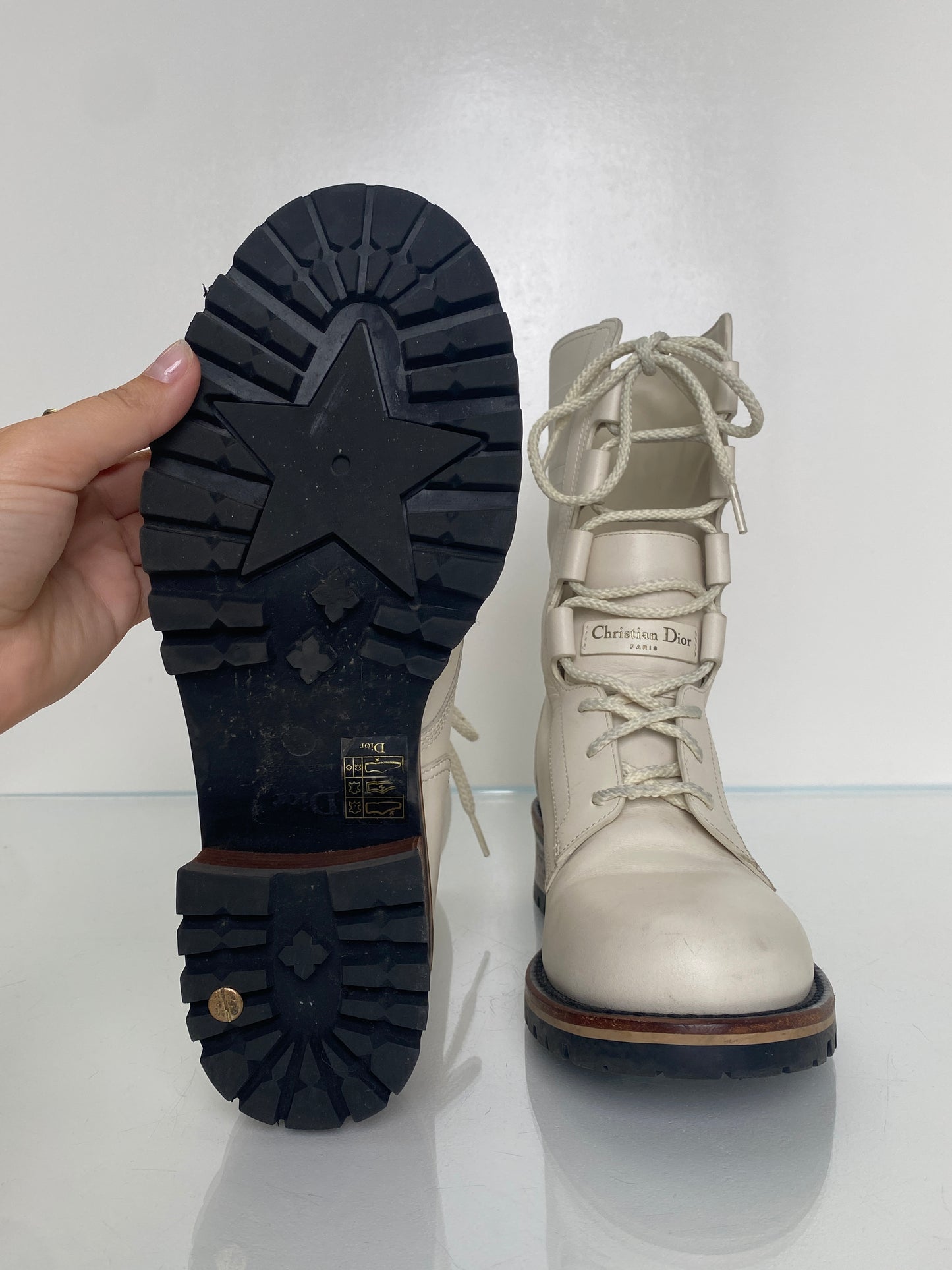 Dior White Logo Leather Combat Boots, 39