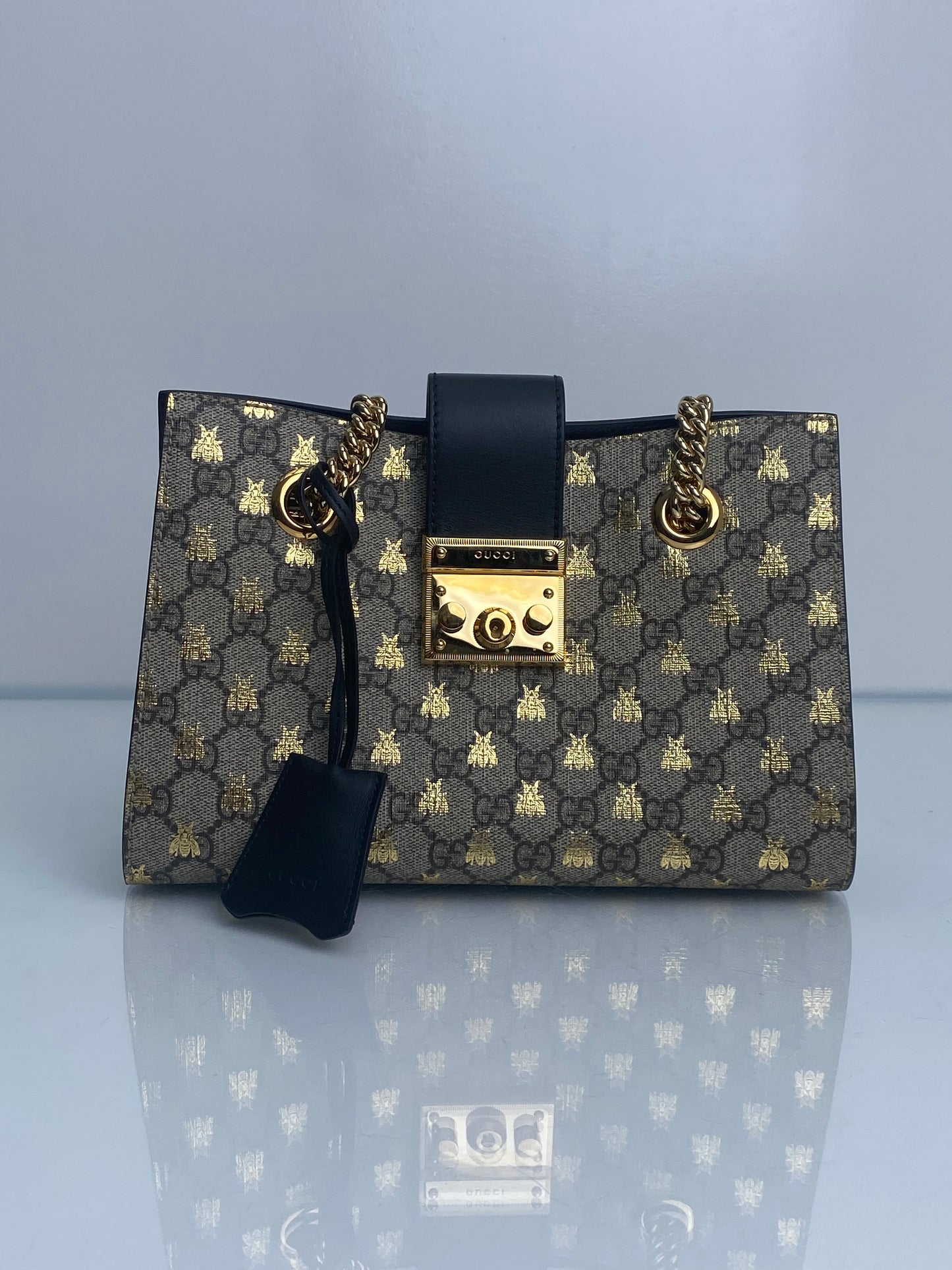 Gucci Monogram & Black Bee Padlock Small Tote Bag GHW