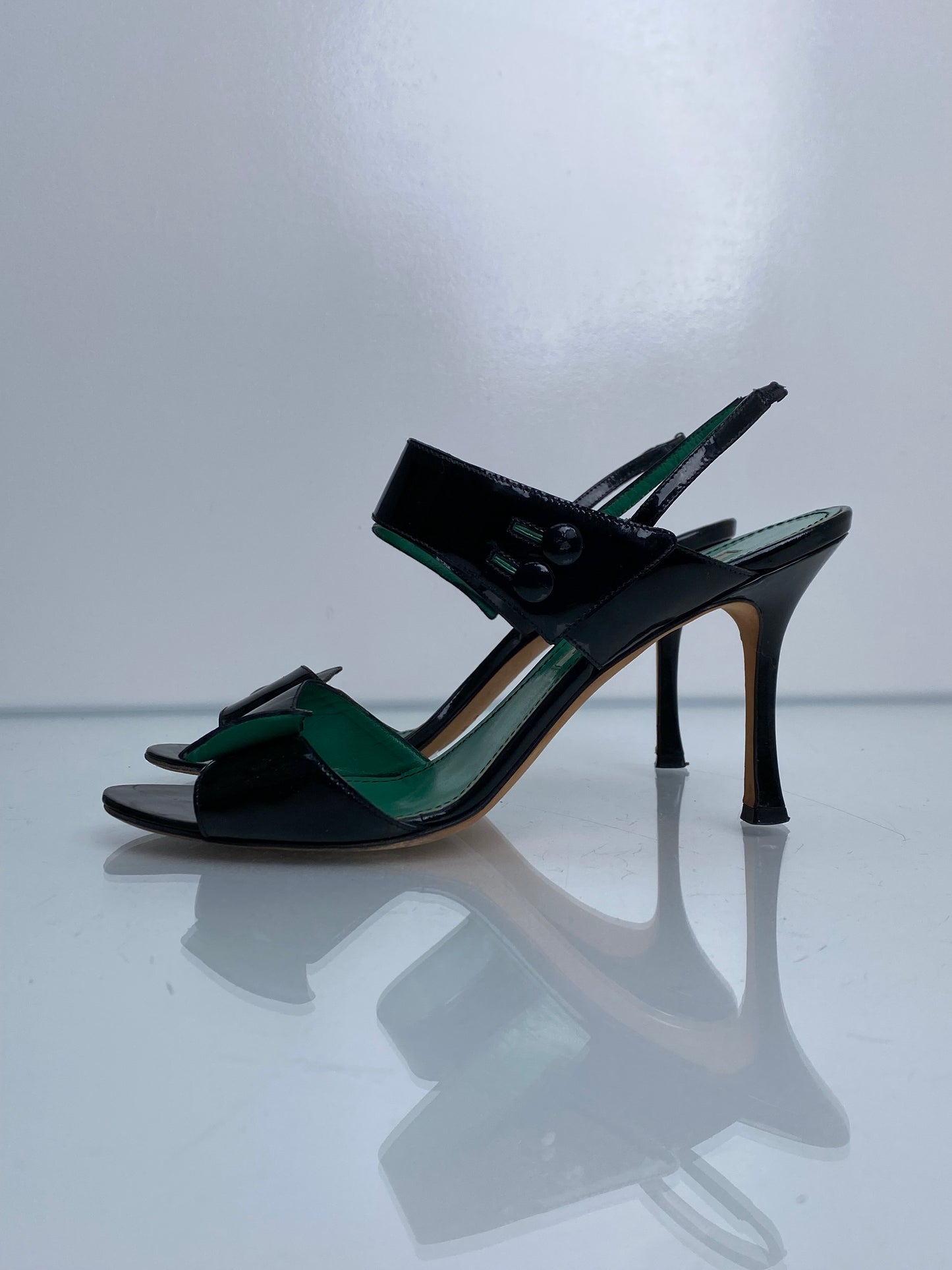 Manolo Blahnik Black Patent Strappy Heels, 39