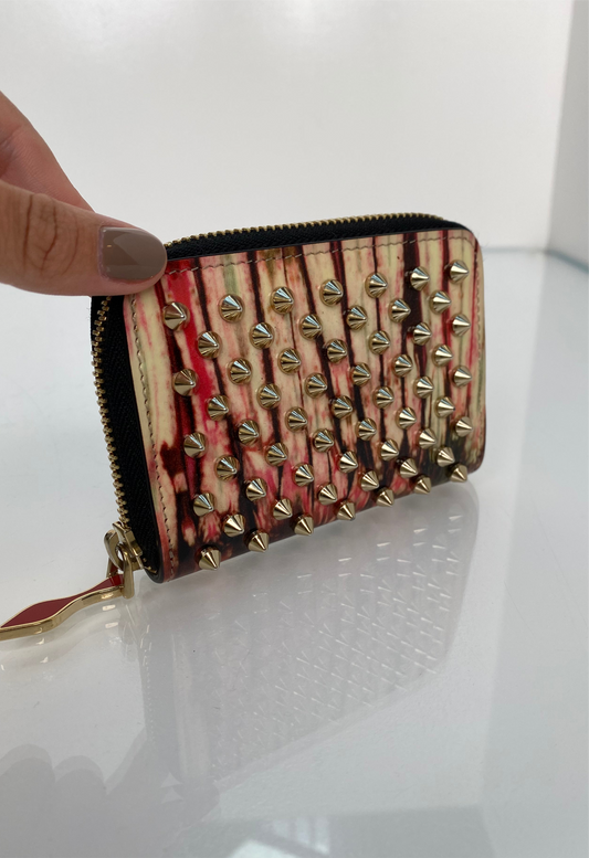 Christian Louboutin Cream, Red, Green, & Brown Zip Studded Cardholder GHW