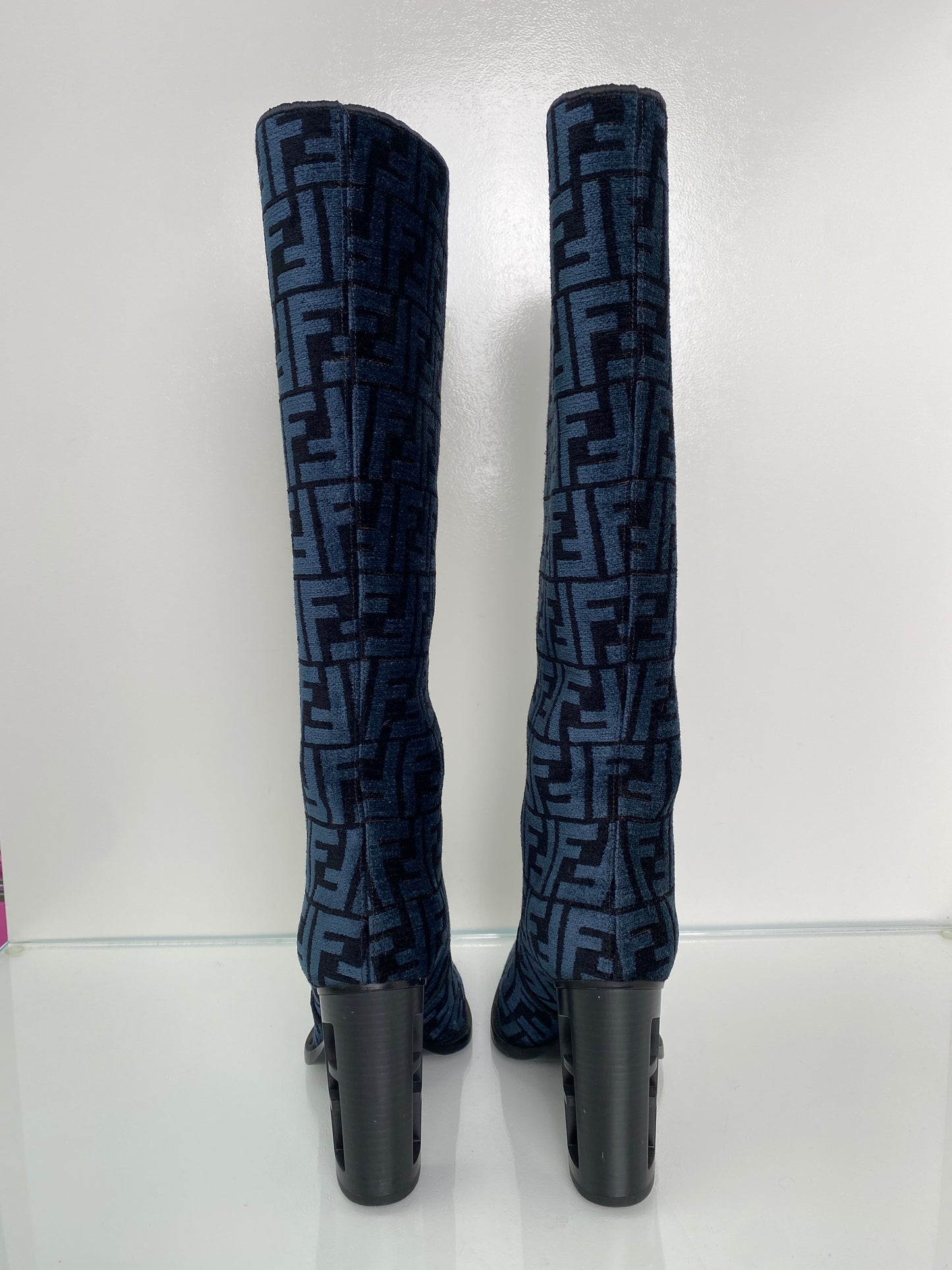 Fendi Navy & Black Chenille Tall Heel Boots, 39